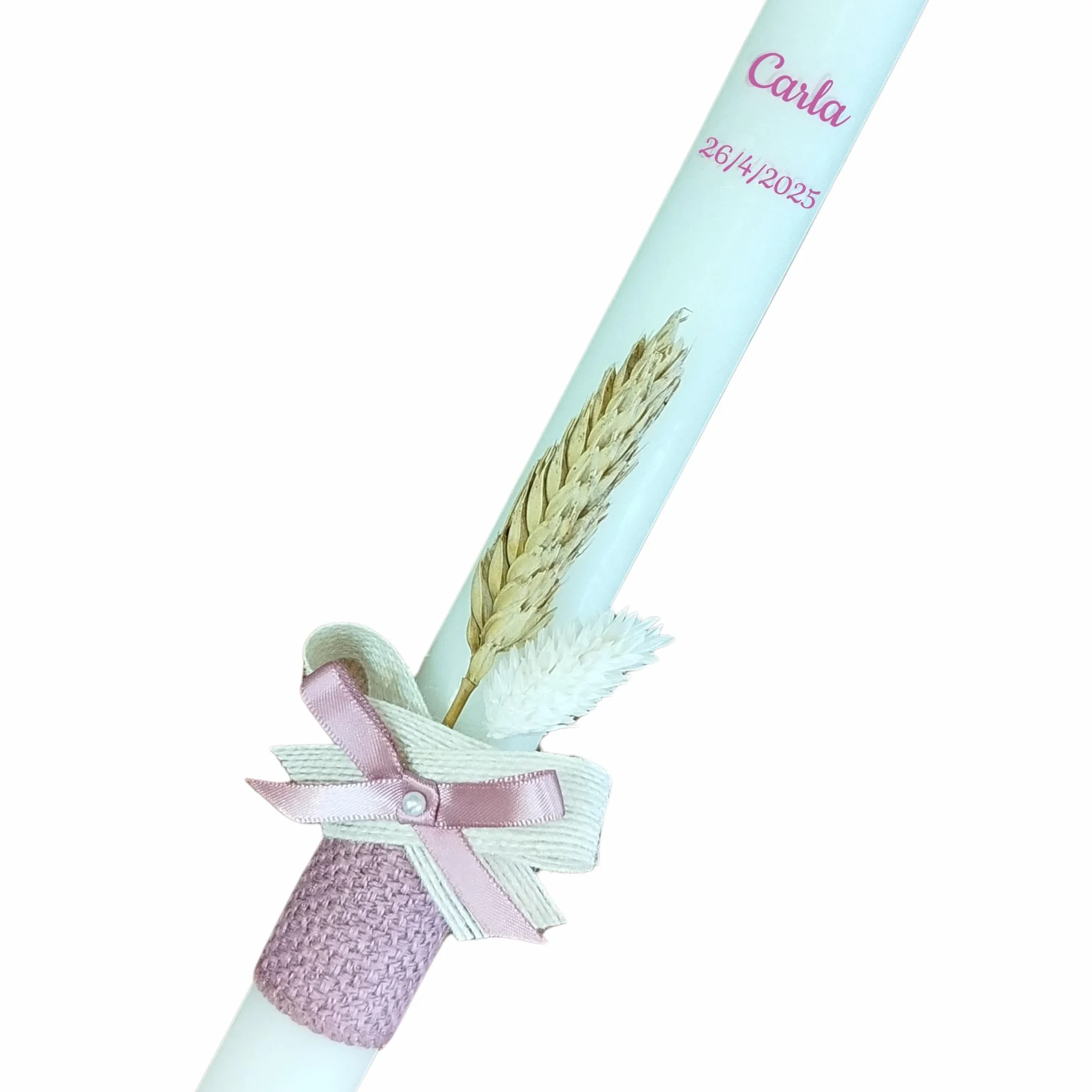 Vela Cirio de Bautizo para Niña Decorada con Flores y Cintas Personalizada a Mano de forma Artesanal Color Natural 2,5x30cm (Vela Blanca Decorada Rosa)