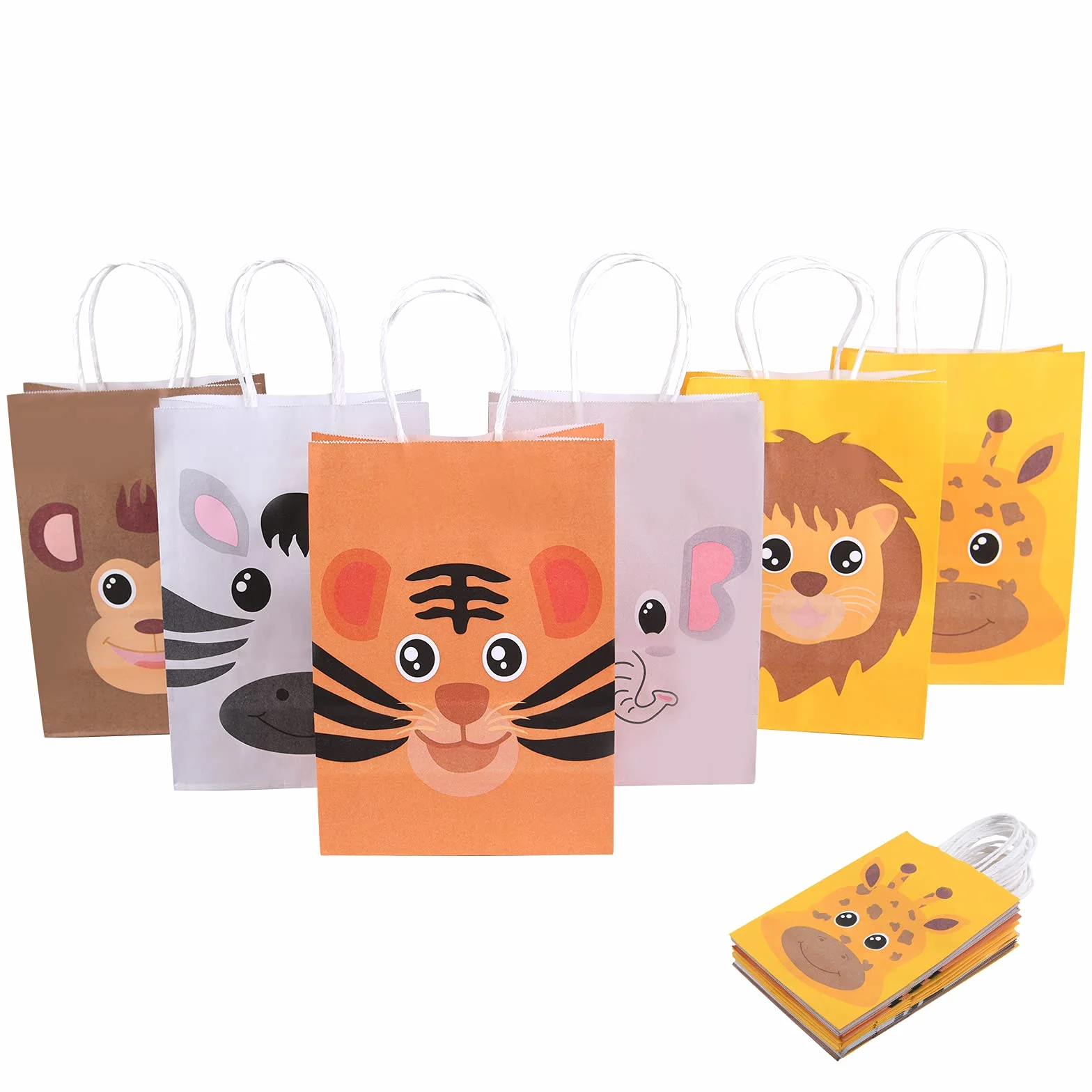 flintronic 18PCS Bolsas Regalo Navidad,(Talla 21 * 15 * 8 CM) Animales Bolsas Cumpleaños Infantil Bolsas de Papel,Bolsa de Regalo de Papel Kraft,para Animales Selva Fiesta con 6