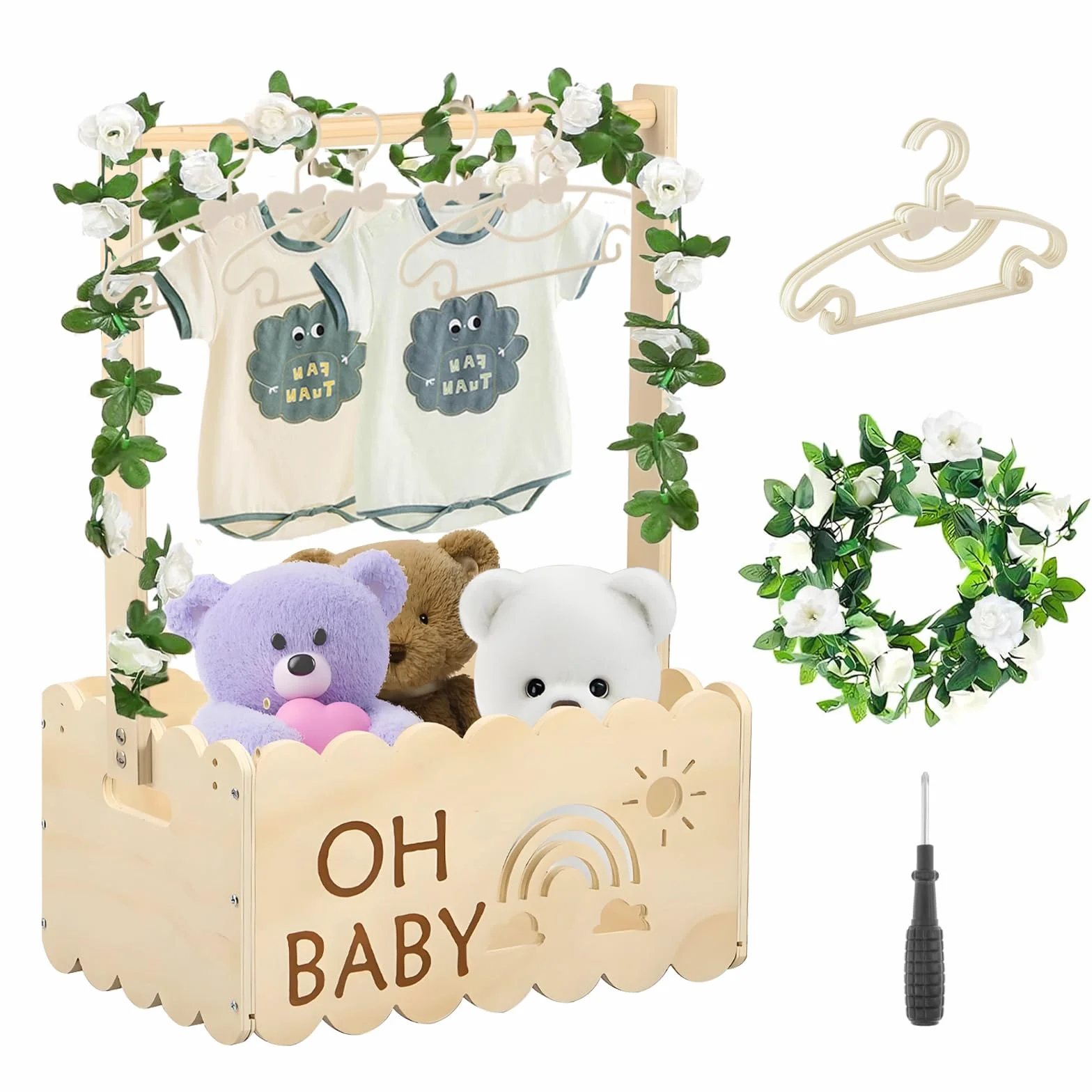 Cesta de Madera para Baby Shower con Rosa y 5 Perchas Regalo Personalizado
