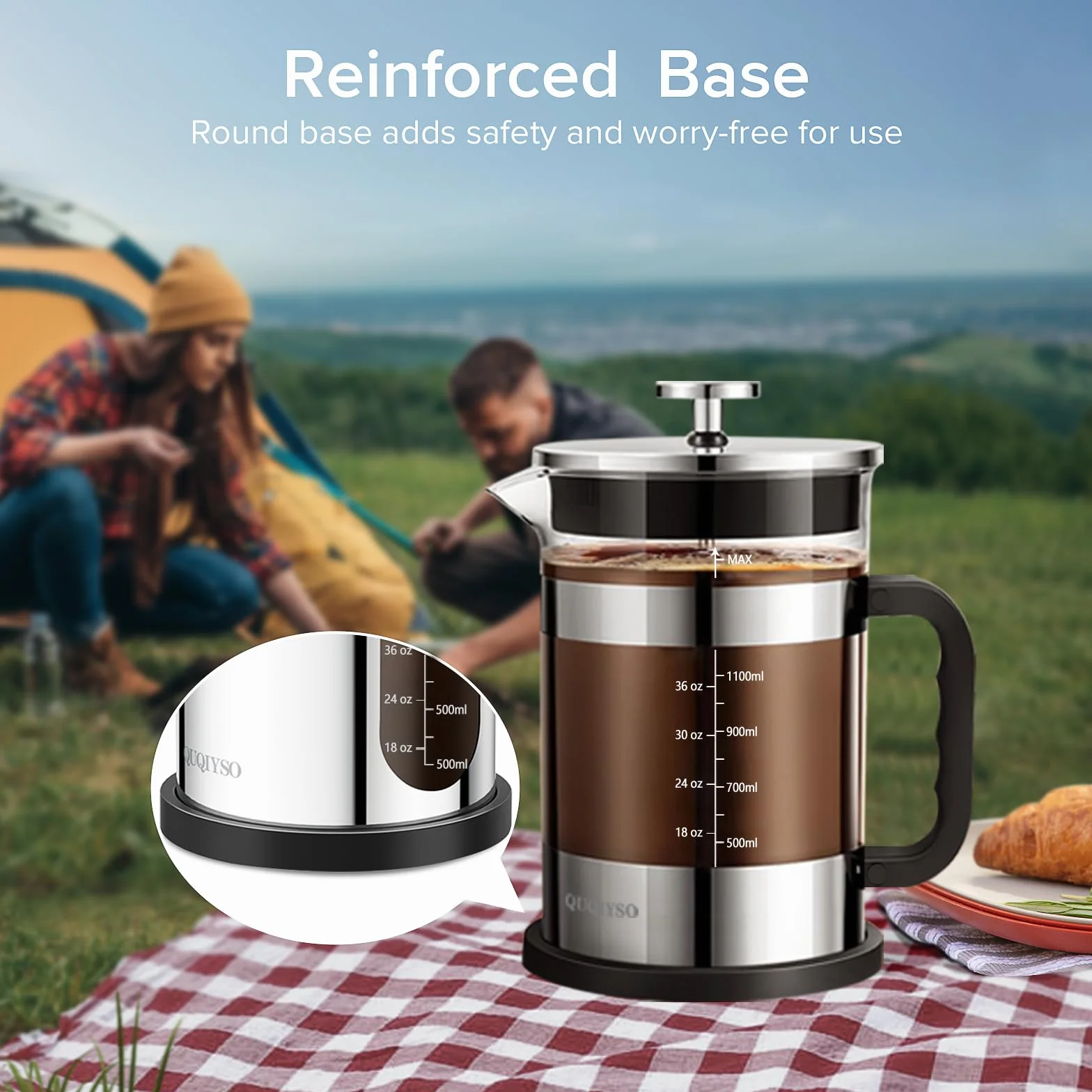 QUQIYSO Cafetera de prensa francesa de acero inoxidable 304 de 50 onzas con 4 filtros, resistente al calor, duradera, fácil de limpiar, prensa de café de vidrio de borosilicato, plateado