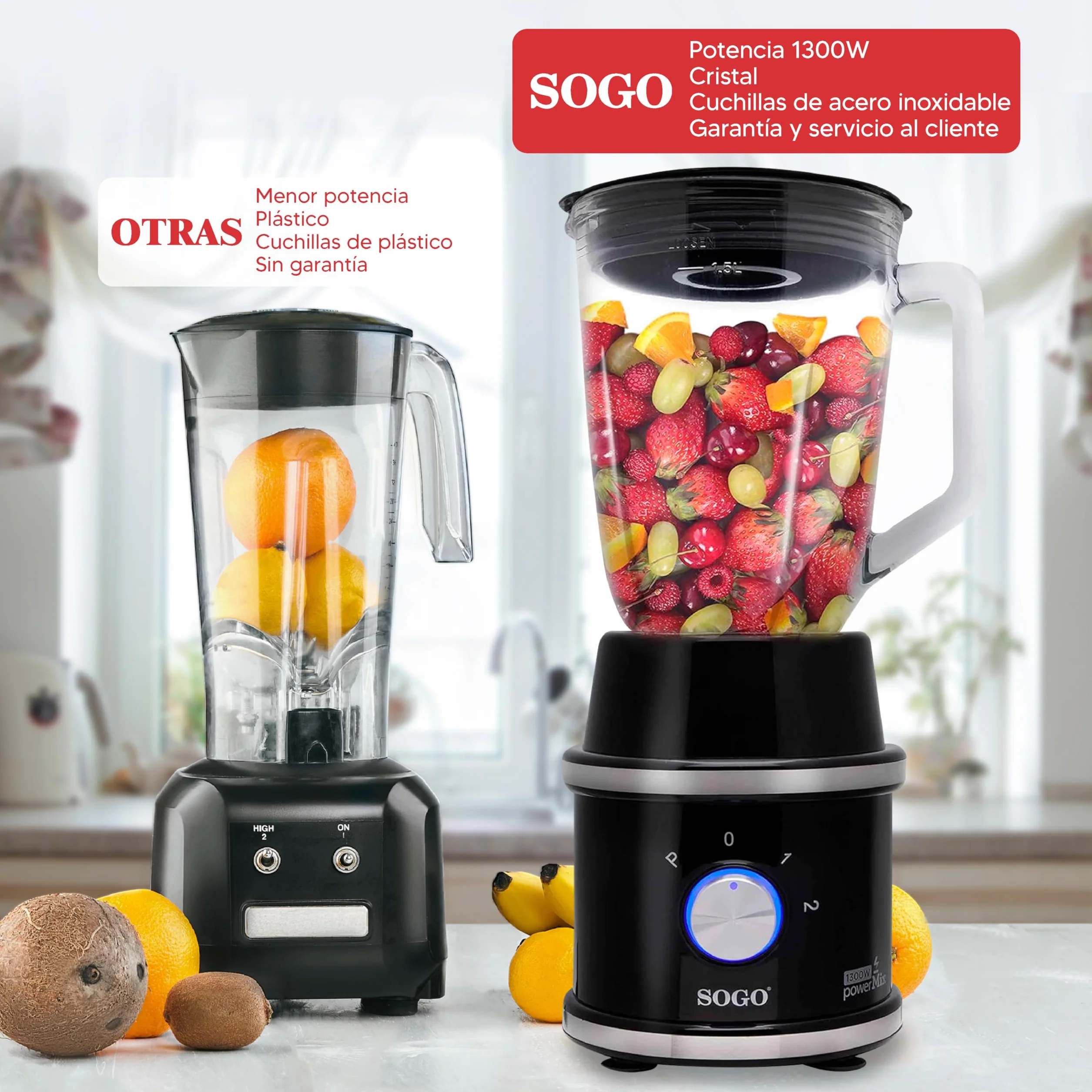 SOGO Batidora de Vaso, Dos Jarras de 1,5 Litros y de 0,3 Litros, Cuchilla Acero Inoxidable 1300W, Negro (BAT-SS-5545)
