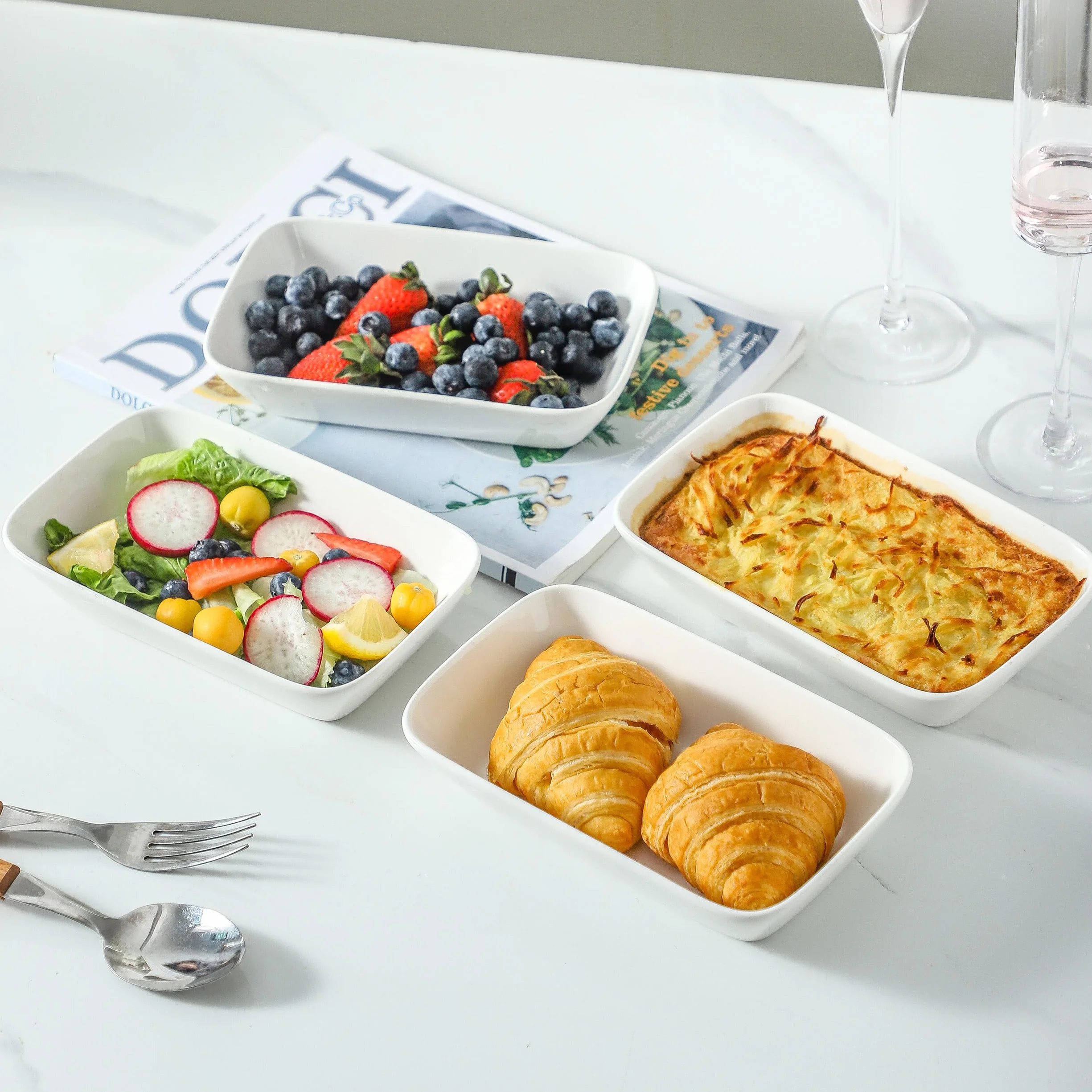 Plato pequeño de cerámica para hornear, 7 x 4.5 pulgadas, apto para horno, sartenes rectangulares individuales de 13.5 onzas para gratinado, cazuela, soufflé, pudín, juego de 6