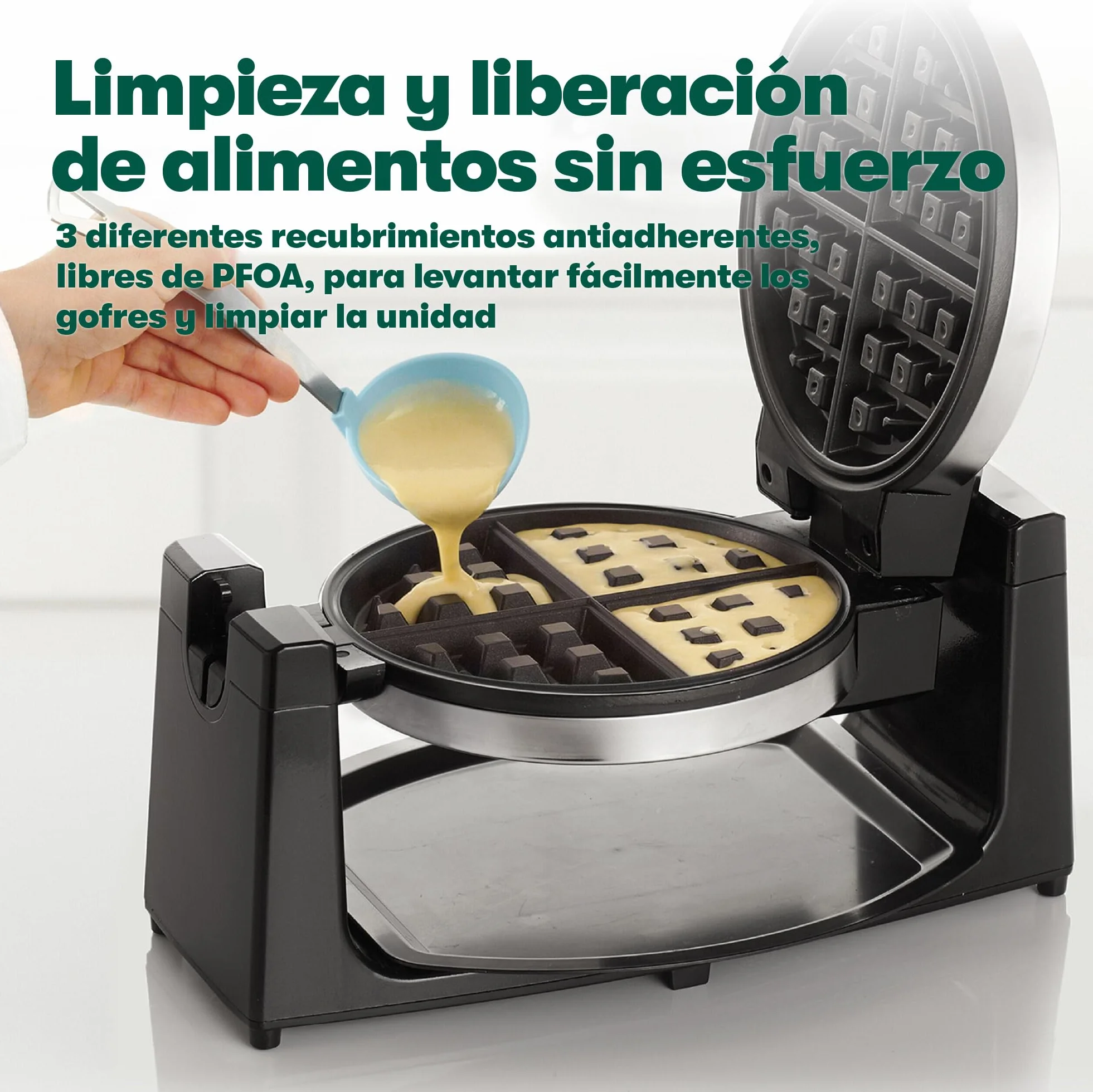 bella Gofrera para gofres belgas giratoria clásica con placas antiadherentes, bandeja de goteo extraíble, control de dorado ajustable y asas de tacto frío., Acero inoxidable