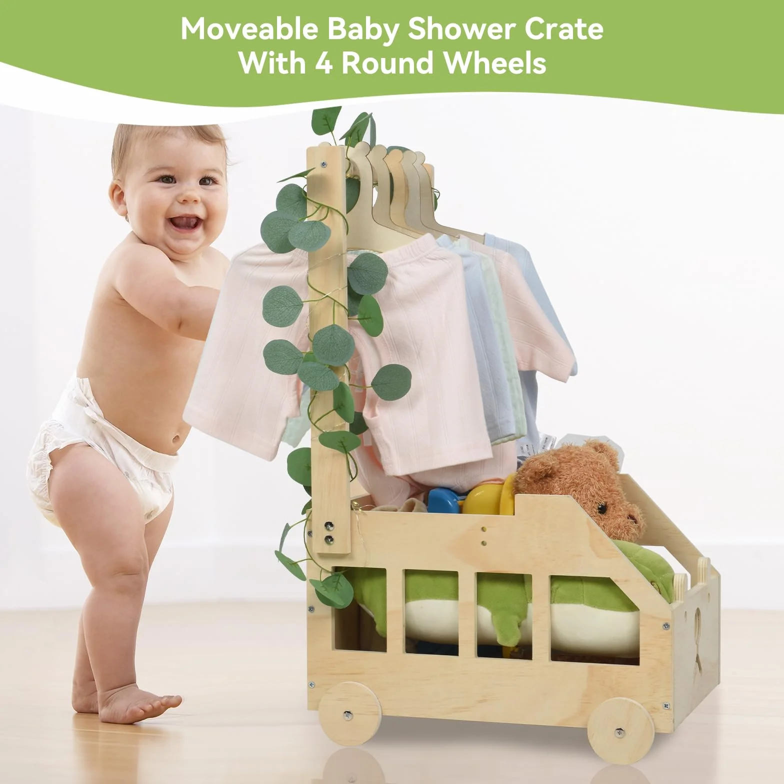 OTraki Cesta Organizadora Bebe de Madera con Ruedas, 5 Perchas para Baby Shower