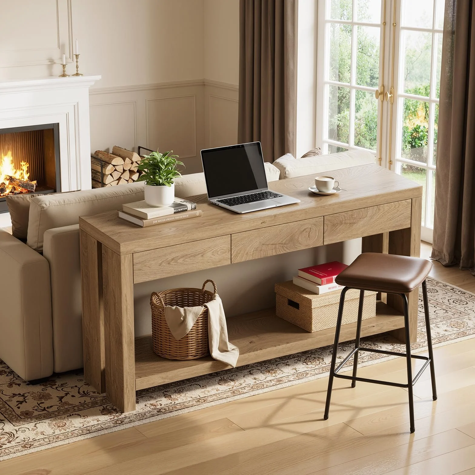 Mesa de Consola con 3 cajones Consola para Recibididor Mesa de Entrada de 2 Niveles Estrecha Mesa Auxiliar Detrás del Sofá Mesa de Pasillo de Madera para entrada, recibidor y salón 140 x 29.5 x 82.5CM