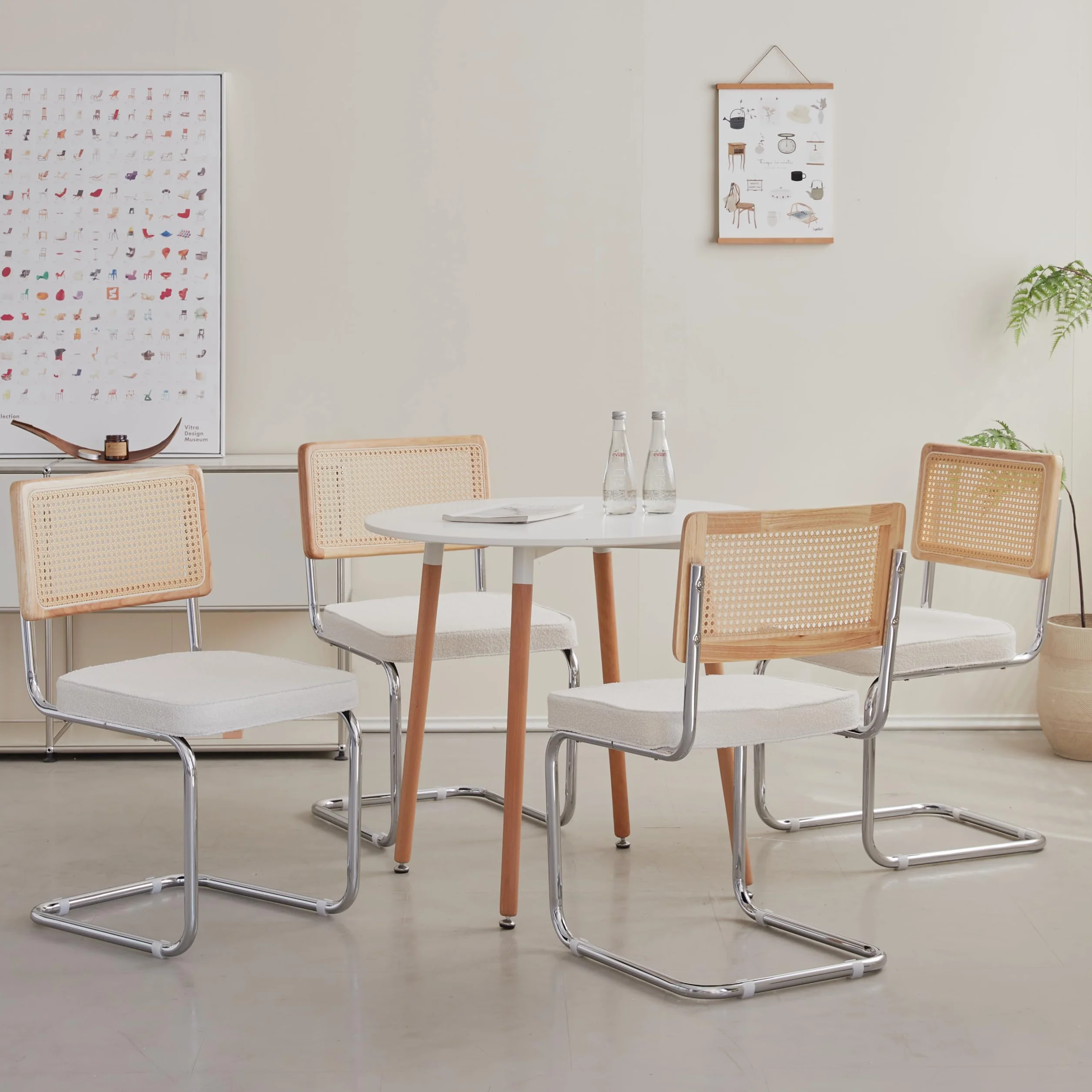 Pack 4 Sillas de Comedor Estilo Nórdico Silla Escandinava; Sillas de Cocina Modernas con Respaldo de Madera Maciza de Ratán y Asiento Tapizado (Blanco Polar)