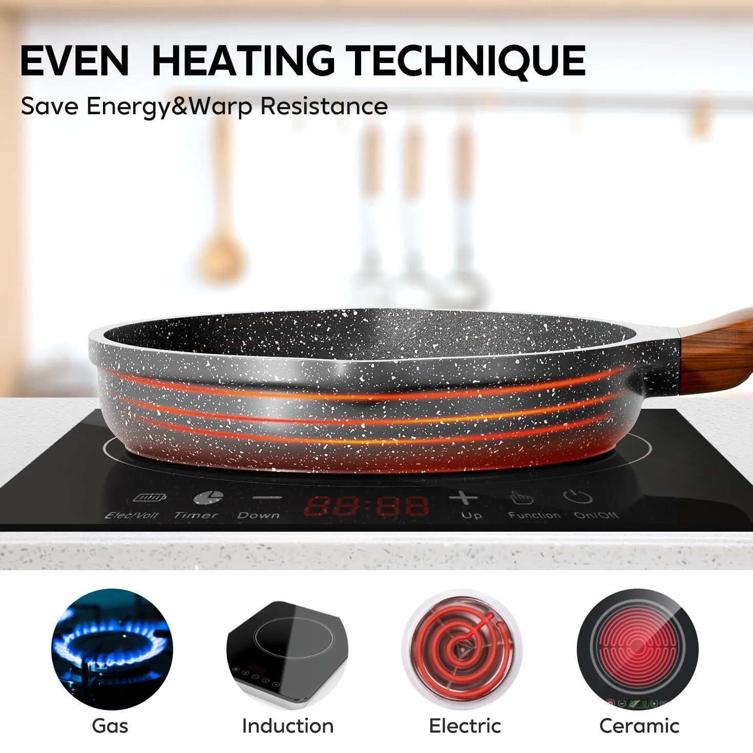 RIOVARM Inducción Juego de sartenes Antiadherente Batería de cocina 20 cm 24 cm 28 cm Granito Sartén para tortillas sin PFOA Mármol Sartenes con mango resistente al calor para varias estufas