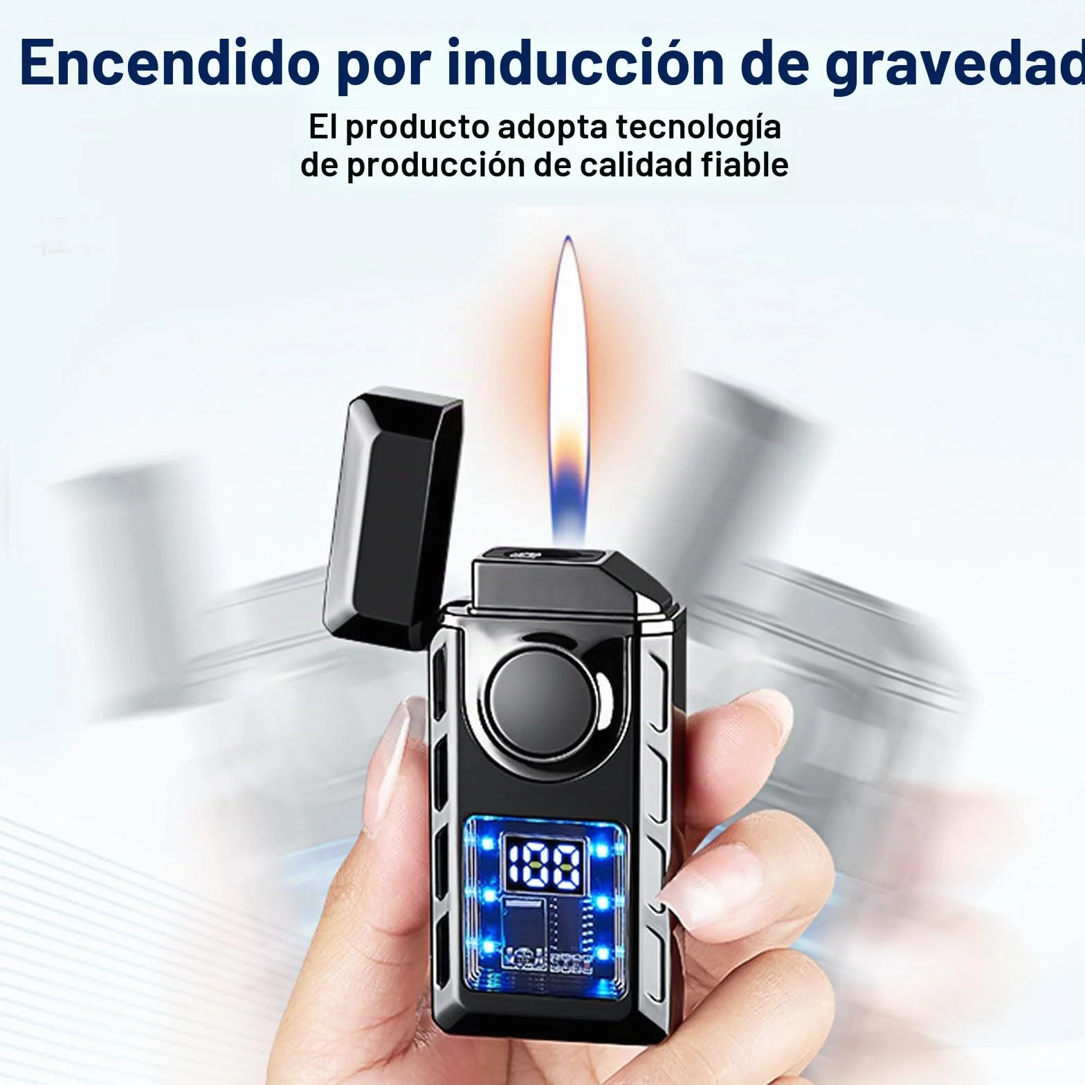 Encendedor de doble llama inteligente de metal con cámara de aire visible resistente al viento negro