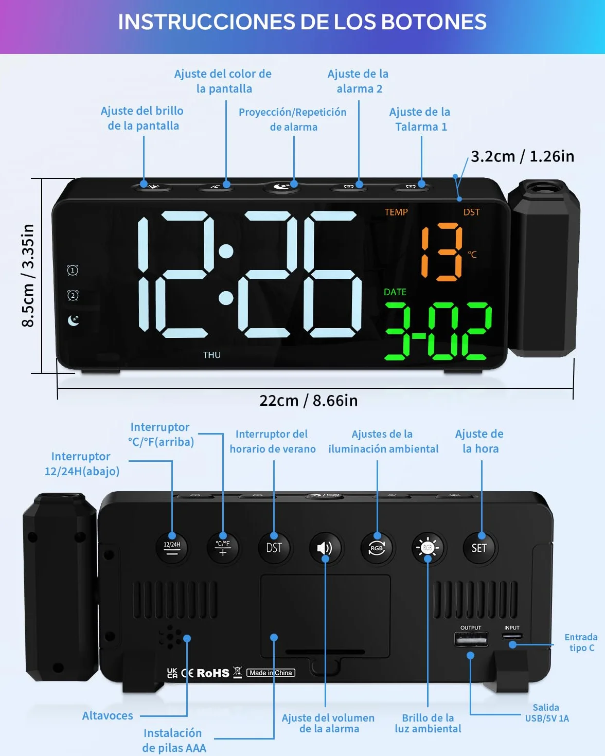 Despertador de Proyección Reloj Digital LED con Proyección para Dormitorio con Gran Pantalla Proyector 180°Cargador Puerto USB 12/24H DST Snooze Iluminación Ambiental RGB 2 Alarma Temperatura Fecha