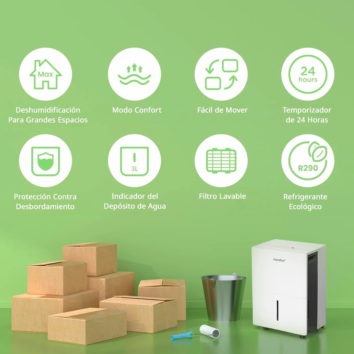 COMFEE’ Deshumidificador de humedad 50L grandes espacios hasta 116 m2 / 250 m3 - Deshumificador Industrial Gran Capacidad - Silencioso Compacto y Bajo Consumo - Deshumificadores de Humedad interior