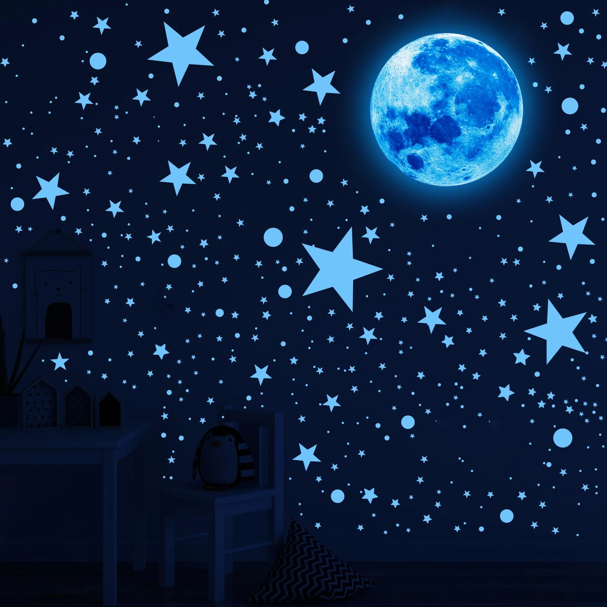 512Pcs Estrellas Fluorescentes Pegatinas Infantiles para Techo Pared Luna Puntos Luminoso Decoracion Habitación