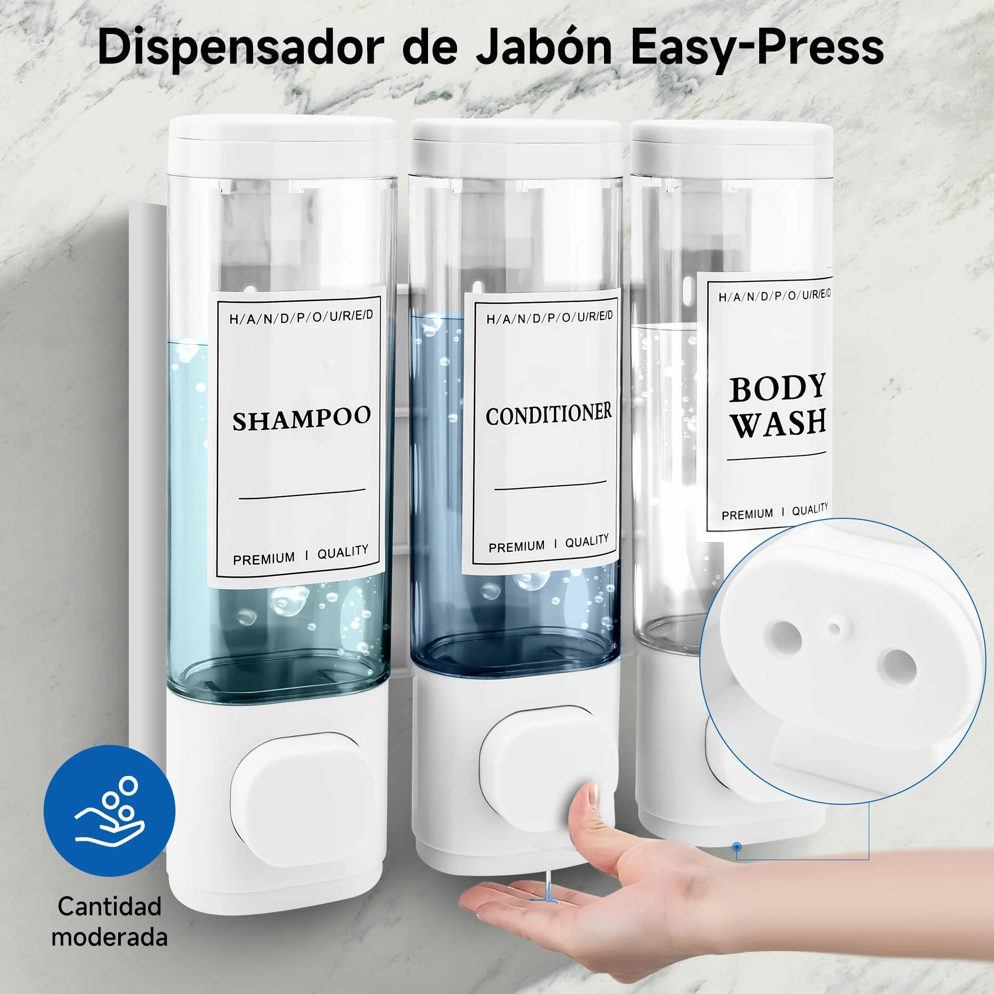 Dispensador de jabón para Montaje en Pared, dispensador de jabón líquido, dispensador de jabón de Mano, Gel de Ducha, detergente para Hotel, hogar (Blanco)
