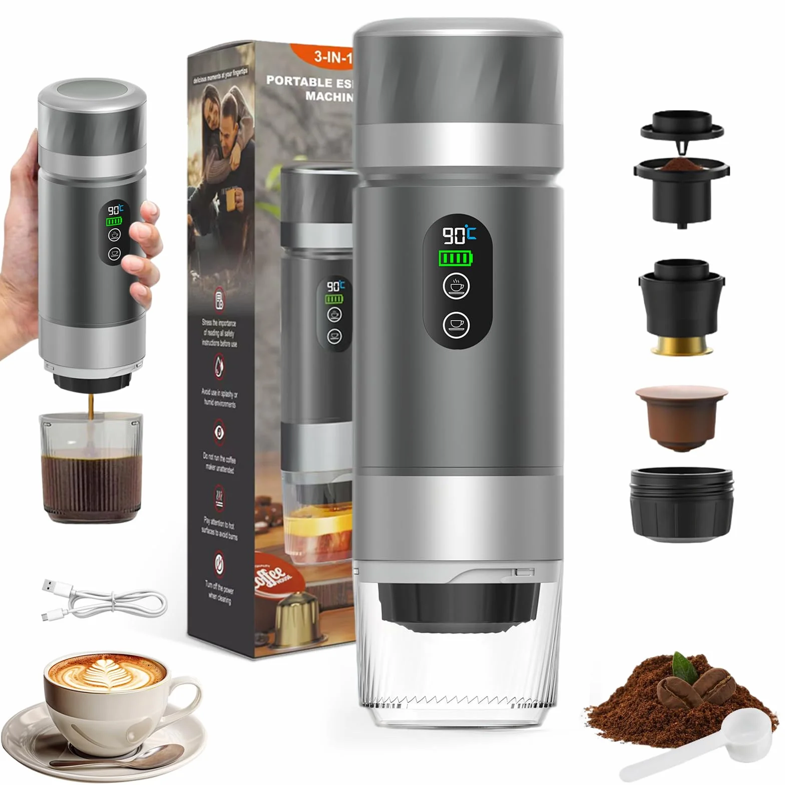 VHV Mini máquina de café inalámbrica de 90 ml, 3 en 1, con USB, compatible con cápsulas y café molido, gadgets de autocaravana y regalos de camping (gris)