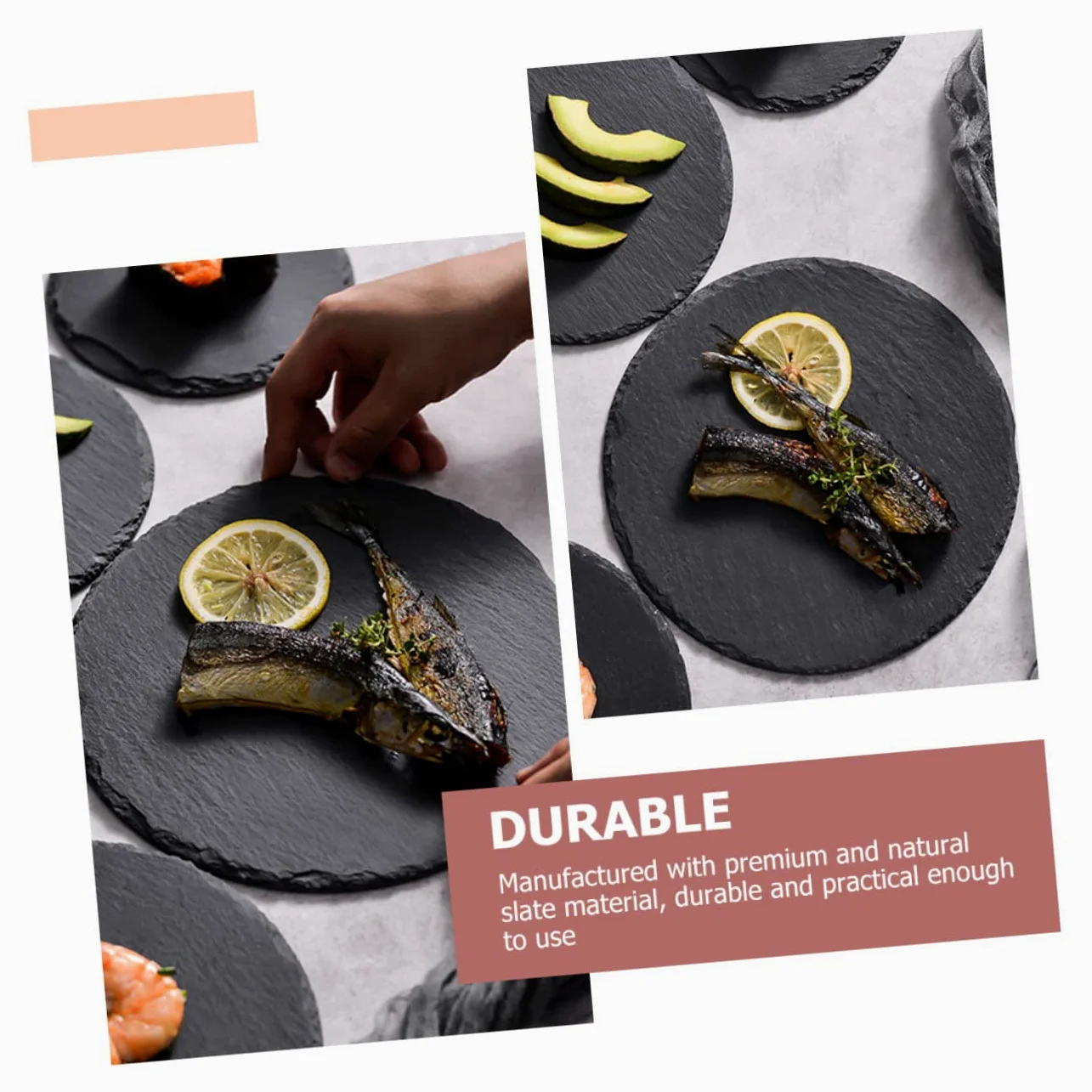 SECFOU Plato Redondo de Pizarra Natural Negro para Servir Comida | Multiuso para Desayuno y Postres, Estilo Rústico Chic, Adecuado para Hotel y Restaurante Occidental
