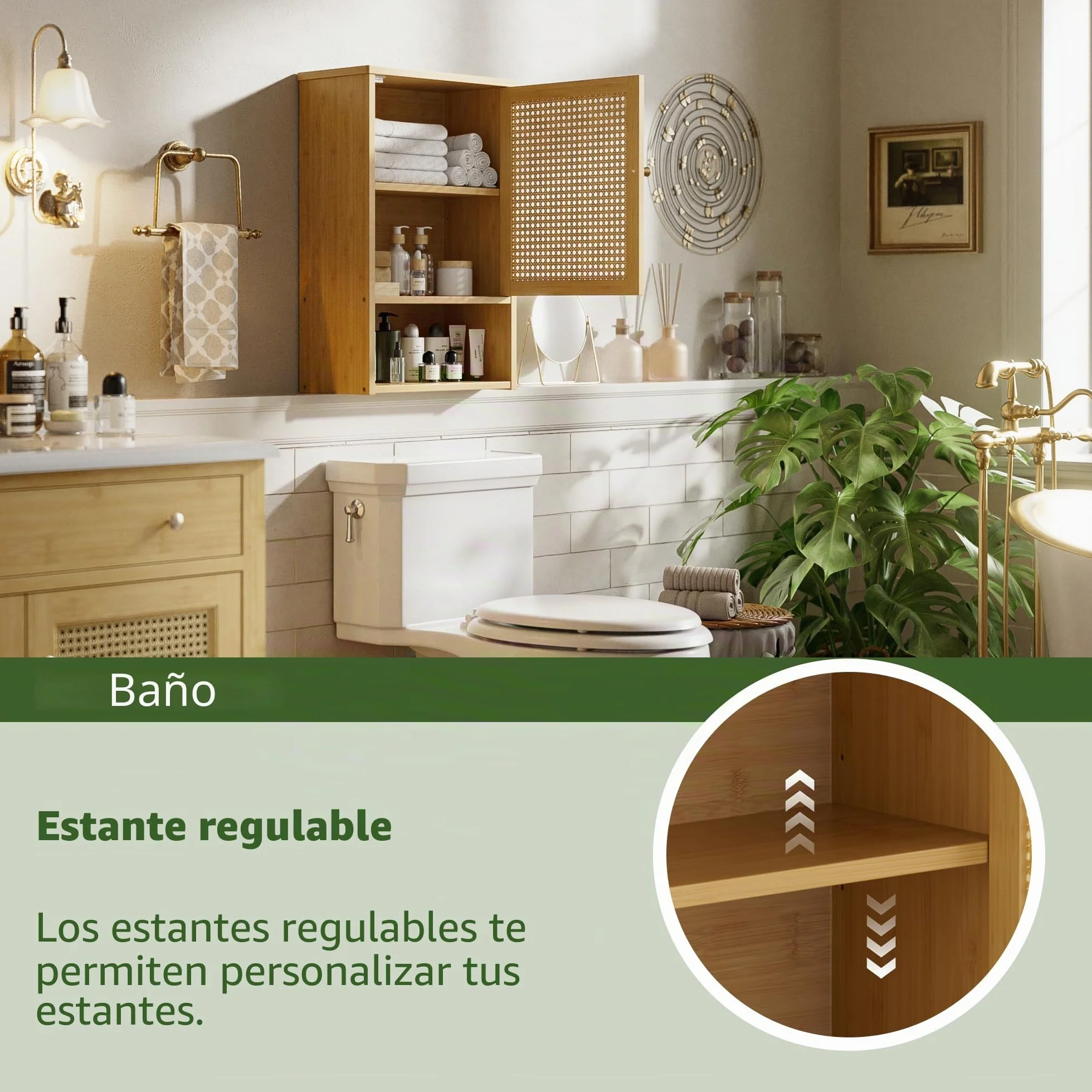 Armario de Pared para Baño, Organizador de Bambú para Almacenaje sobre el Inodoro con Puertas de Ratán y Estante Ajustable, Botiquín Ahorrador de Espacio para Lavandería, Cocina (Natural)