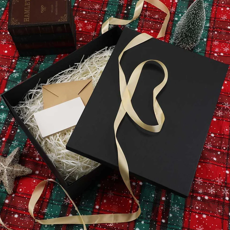 Caja de regalo grande Negro con tapa 42 x 32 x 15,5 cm, Cajas de Regalo Premium con Tapa y Cinta para Regalos de San Valentín, Navidad Incluye Papel seda triturado Tarjetas sobre