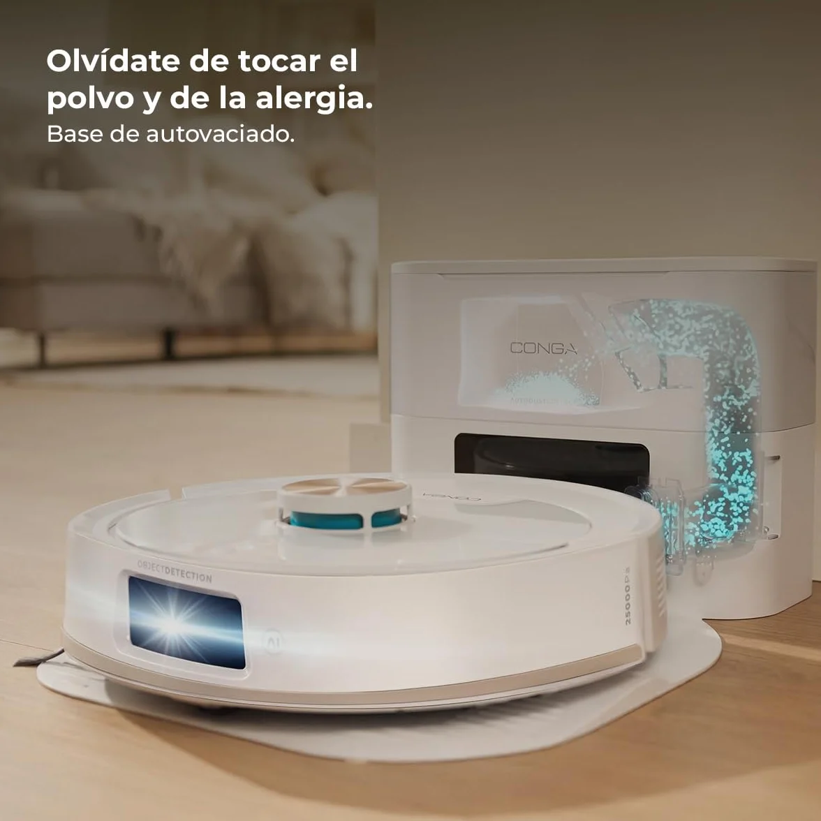 Cecotec Robot Aspirador - Base Autovaciado 3L - IA y Navegación Láser - 25000Pa - Conga Y90 Pearl. Autonomía 240mins en Modo Eco, Cepillo Silicona, Ideal Casas Mascotas, Bluetooth y WiFi, 2 Mopas