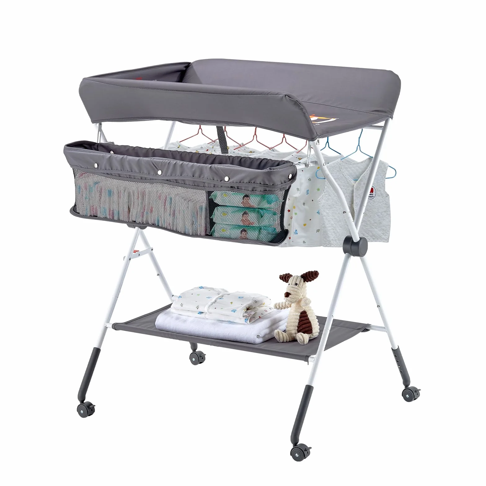 VEVOR Cambiador para Bebé Plegable Portátil 848 x 745 x (1030-1090) mm con Cesta Lateral Ruedas Bloqueables Gris Oscuro