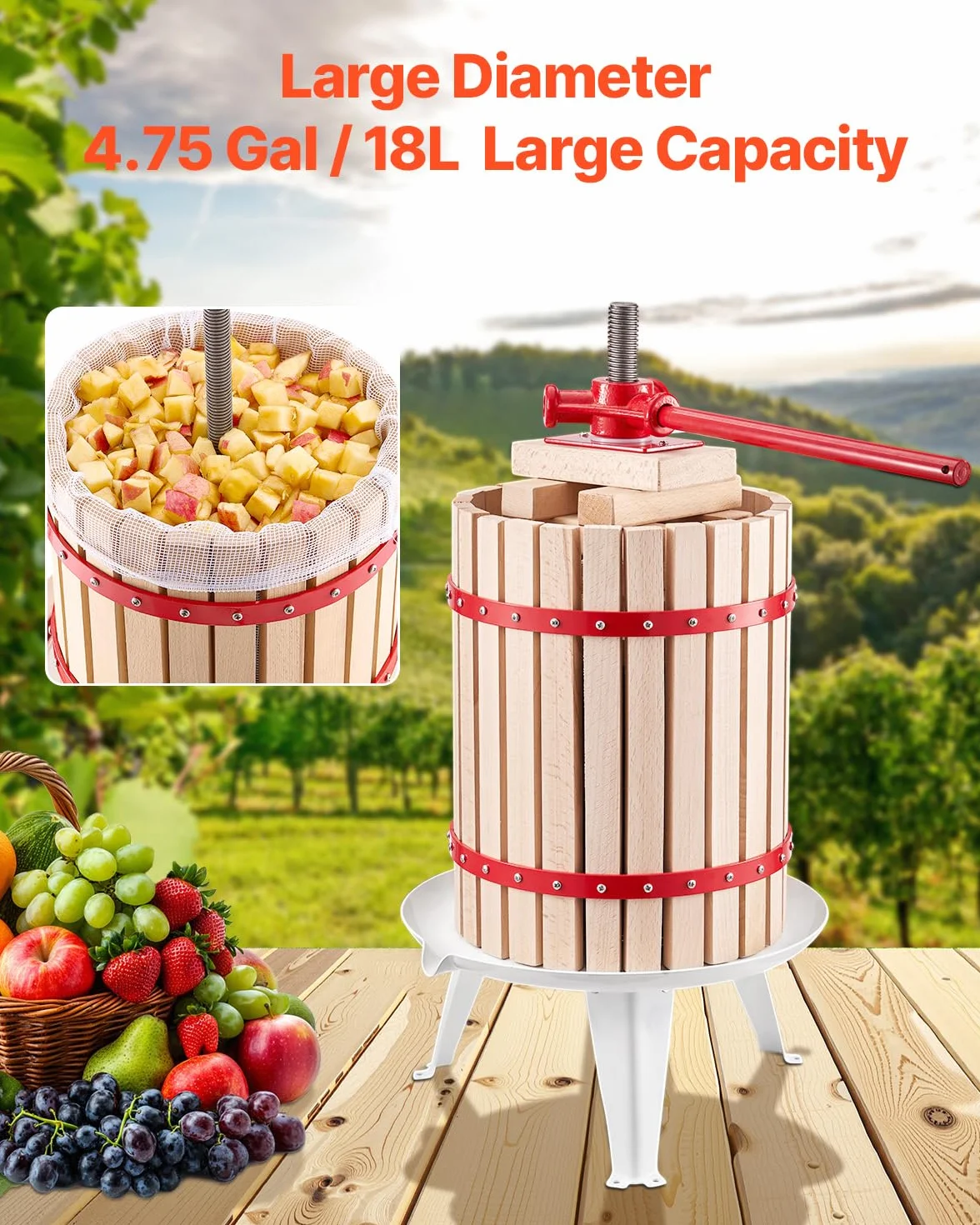 VEVOR Prensa de Vino de Frutas 18 L, Cesta de Madera Maciza con 8 Bloques, para Hacer Sidra, Manzana, Tintura, Miel, Aceite de Oliva con Mango para Cocina, Hogar, 640 x 370 x 705 mm, Vertical