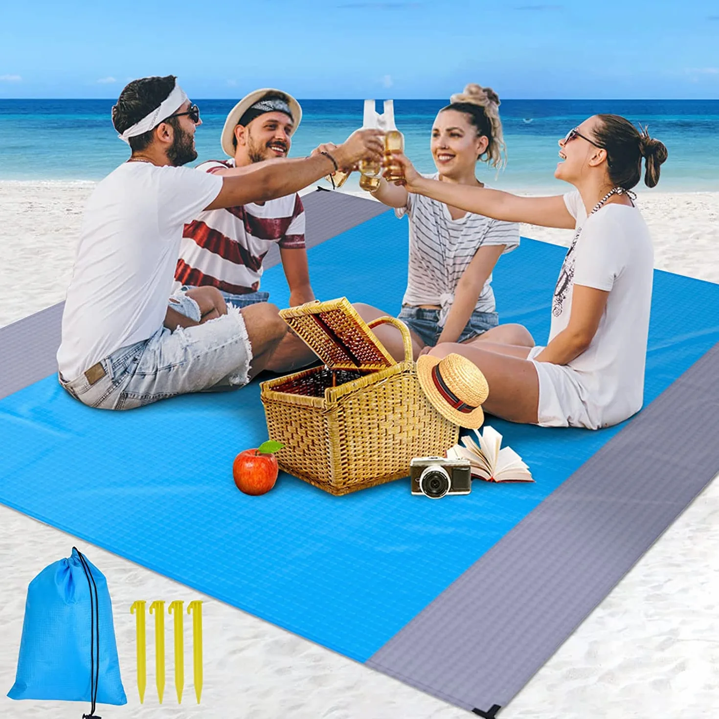 Alfombra de Playa Impermeable 230 x 200 Esterilla con Clavos Fijos Picnic Portátil