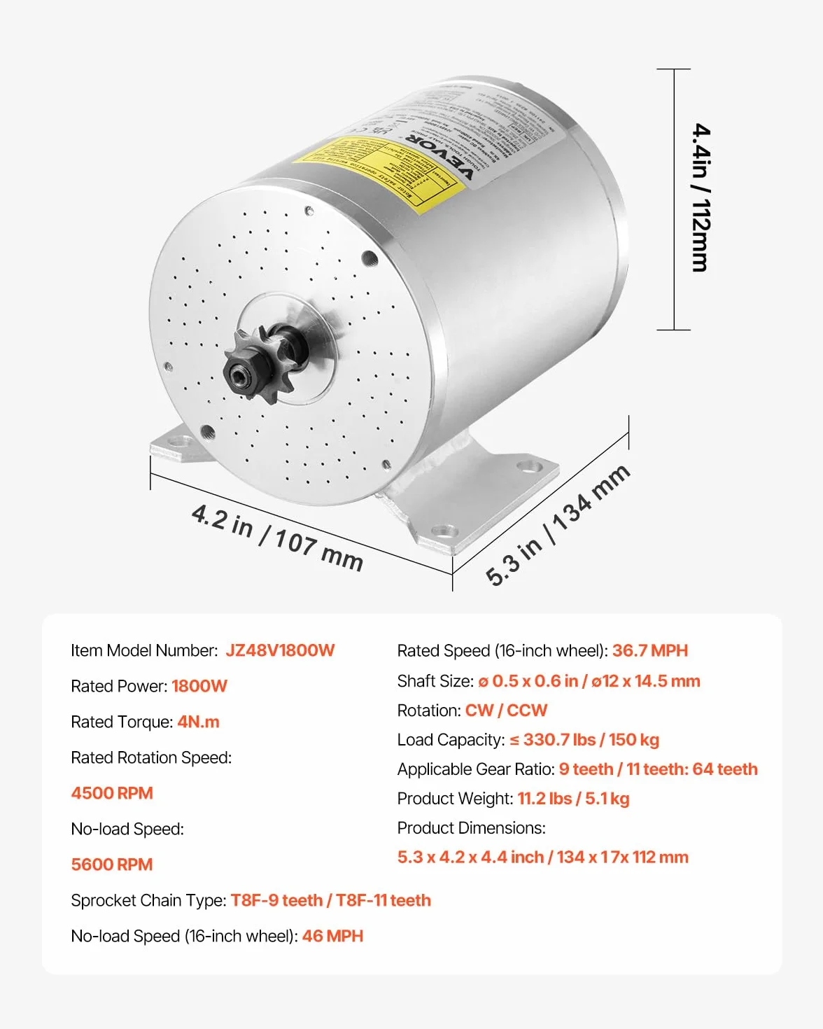 VEVOR Kit de Motor Eléctrico sin Escobillas de CC 1800 W 48 V 4500 RPM con Controlador de Velocidad