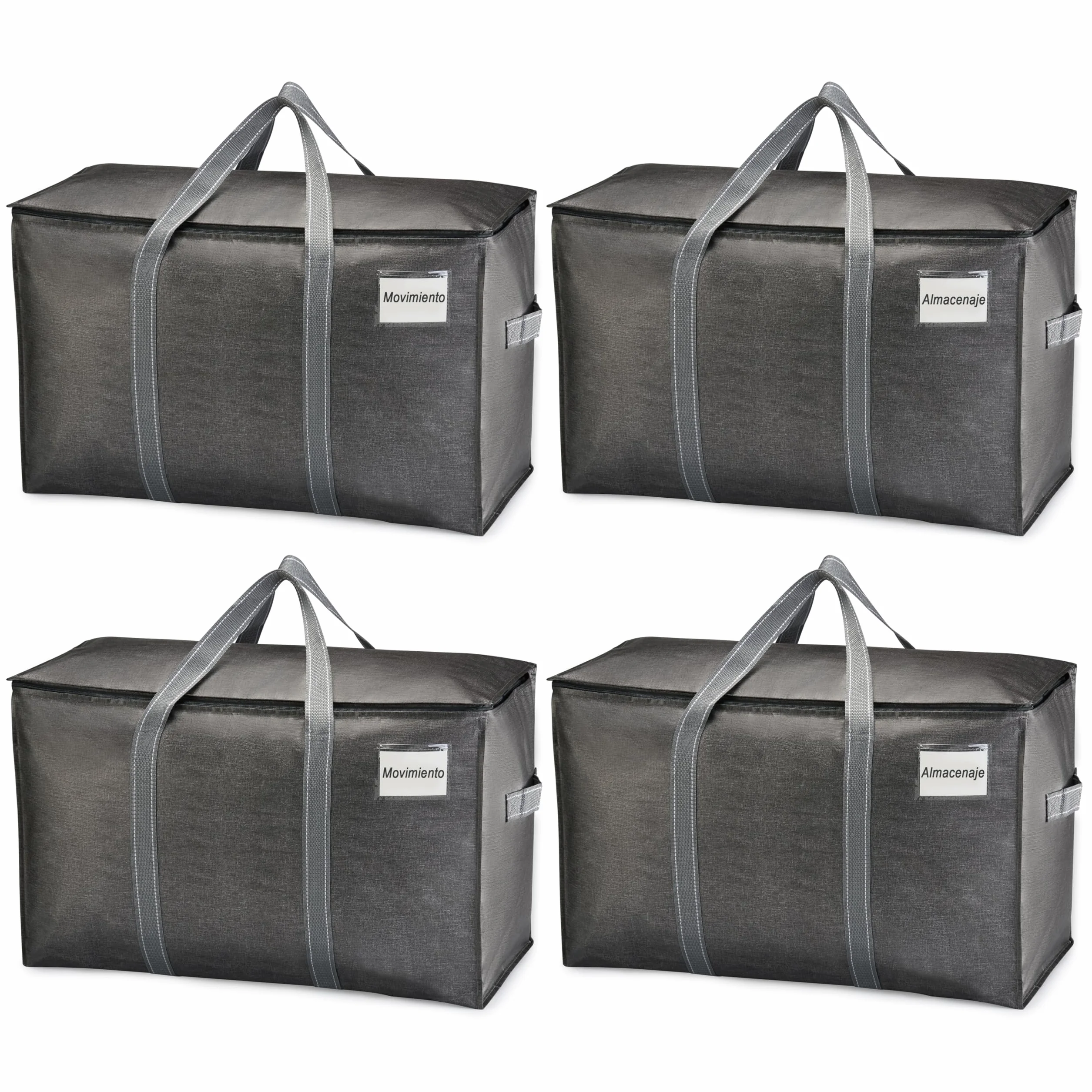 VENO Pack de 4 Bolsas de Almacenamiento para la Mudanza Extra Grande con Cremallera, Alternativa a las Cajas para Mudanzas, Bolsa de Viaje Plegable con Bolsillo para Etiqueta (Gris, Pack de 4)