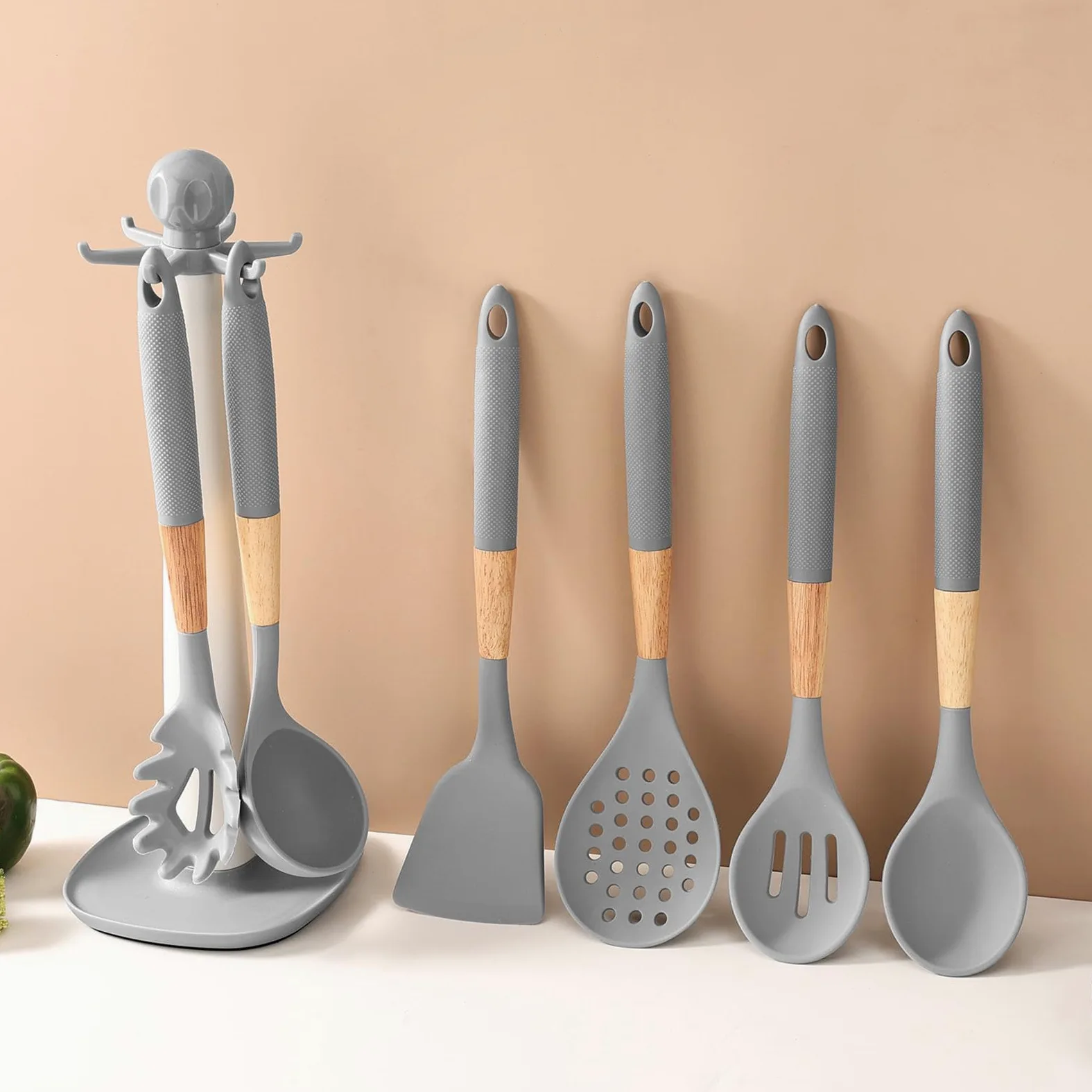 Juego de Utensilios de Silicone Juego de 7 Piezas Resistente al Calor | Cucharas de Cocina, Cucharón y Espátula Para Ollas, Sartenes, Raspar, Hornear, Mezclar, Preparar