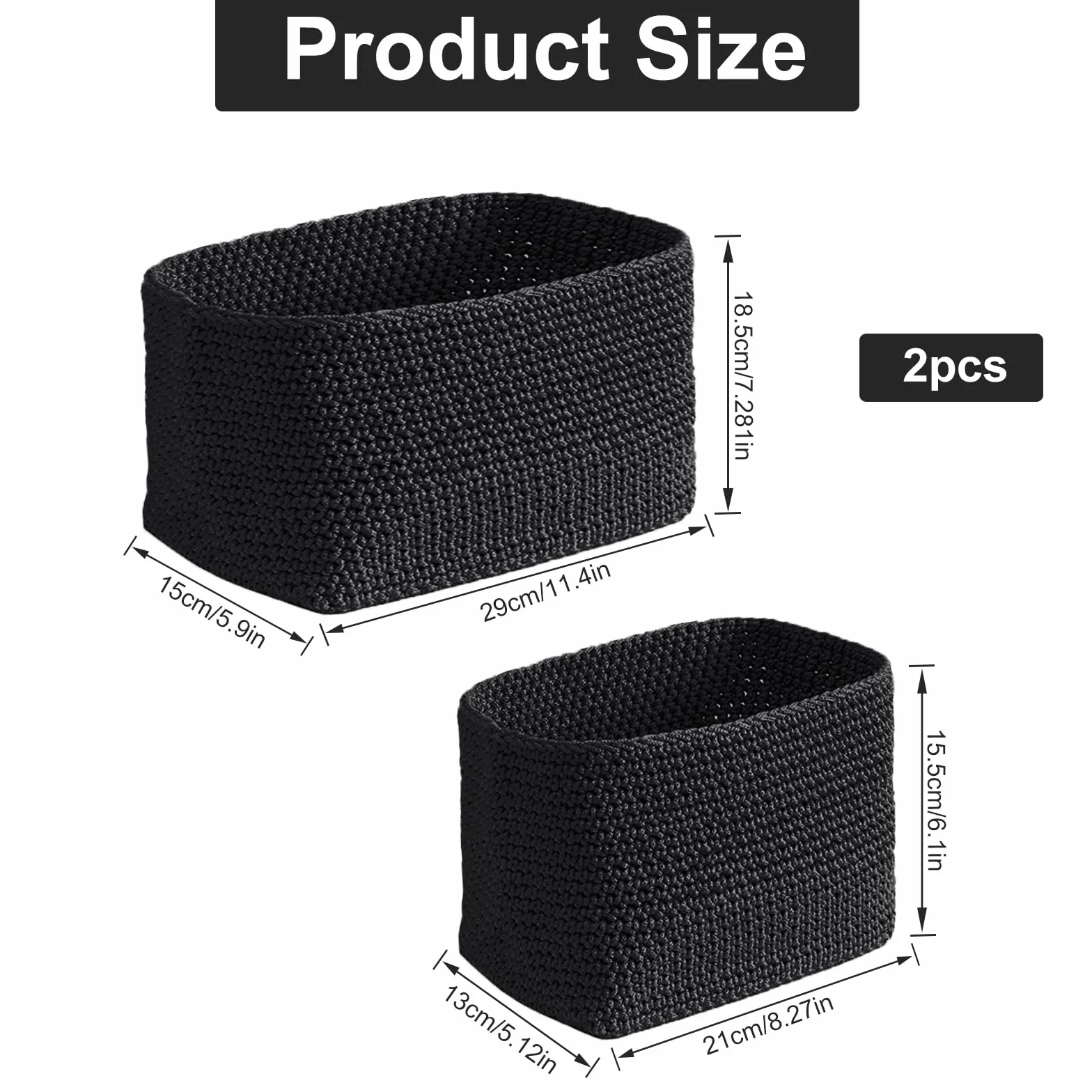 Cestas Almacenaje Tejidas a Mano 2Pcs, Cesta Organizadora Pequeña para Baños Cocinas Salones (Negro)