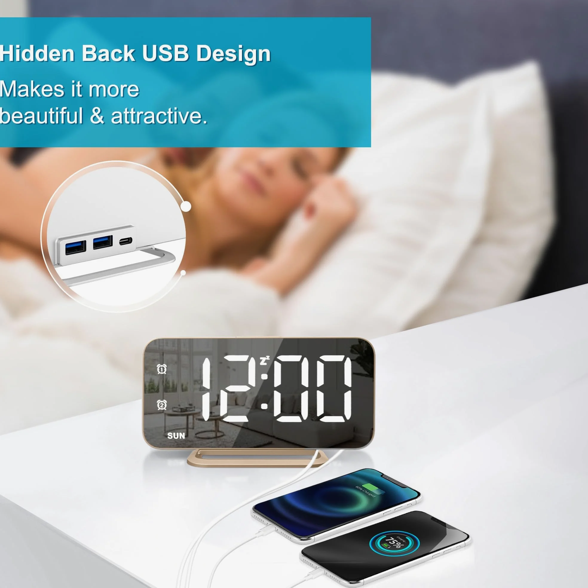 JALL Despertador digital LED delgado con superficie de espejo con función de atenuación, pantalla grande, fácil ajuste y puertos de carga USB