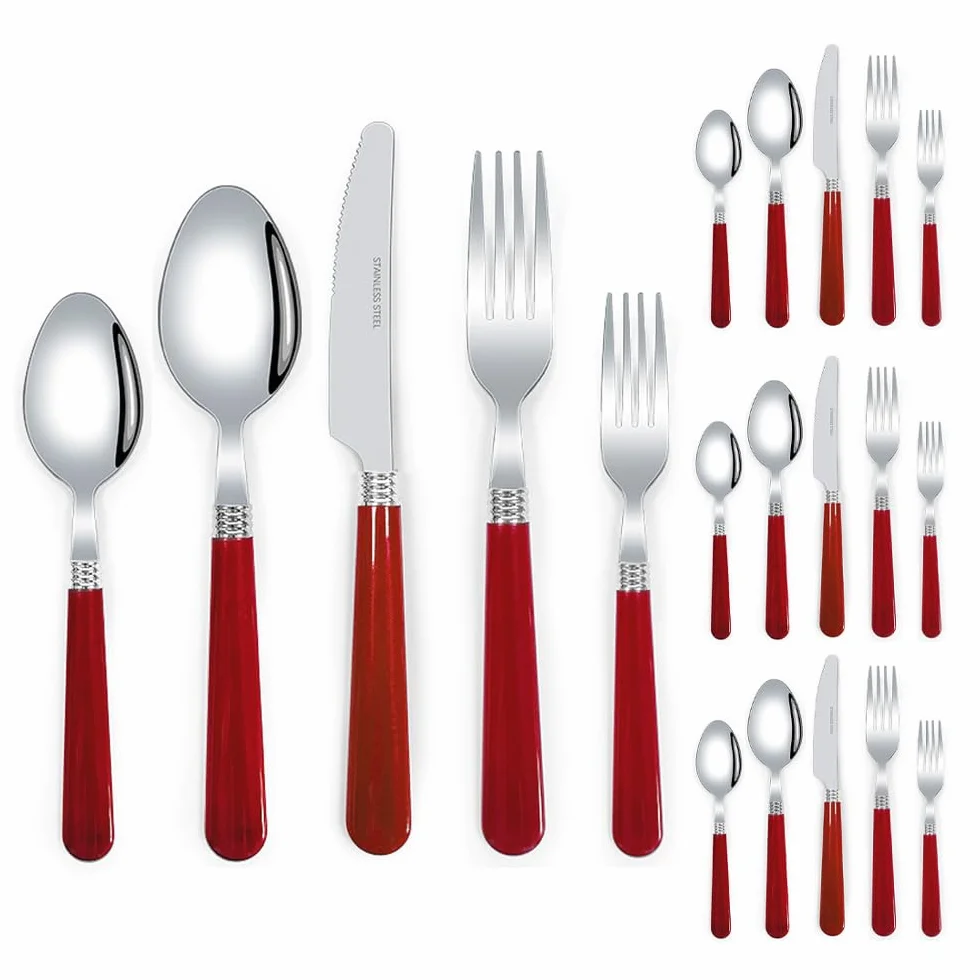 Mango De Plástico Grueso, Vajilla De Acero Inoxidable Para Cocina, Juego De Cubiertos, Cuchillo Para Carne, Tenedor, Cuchara, Cucharilla (Rojo,20 piezas)