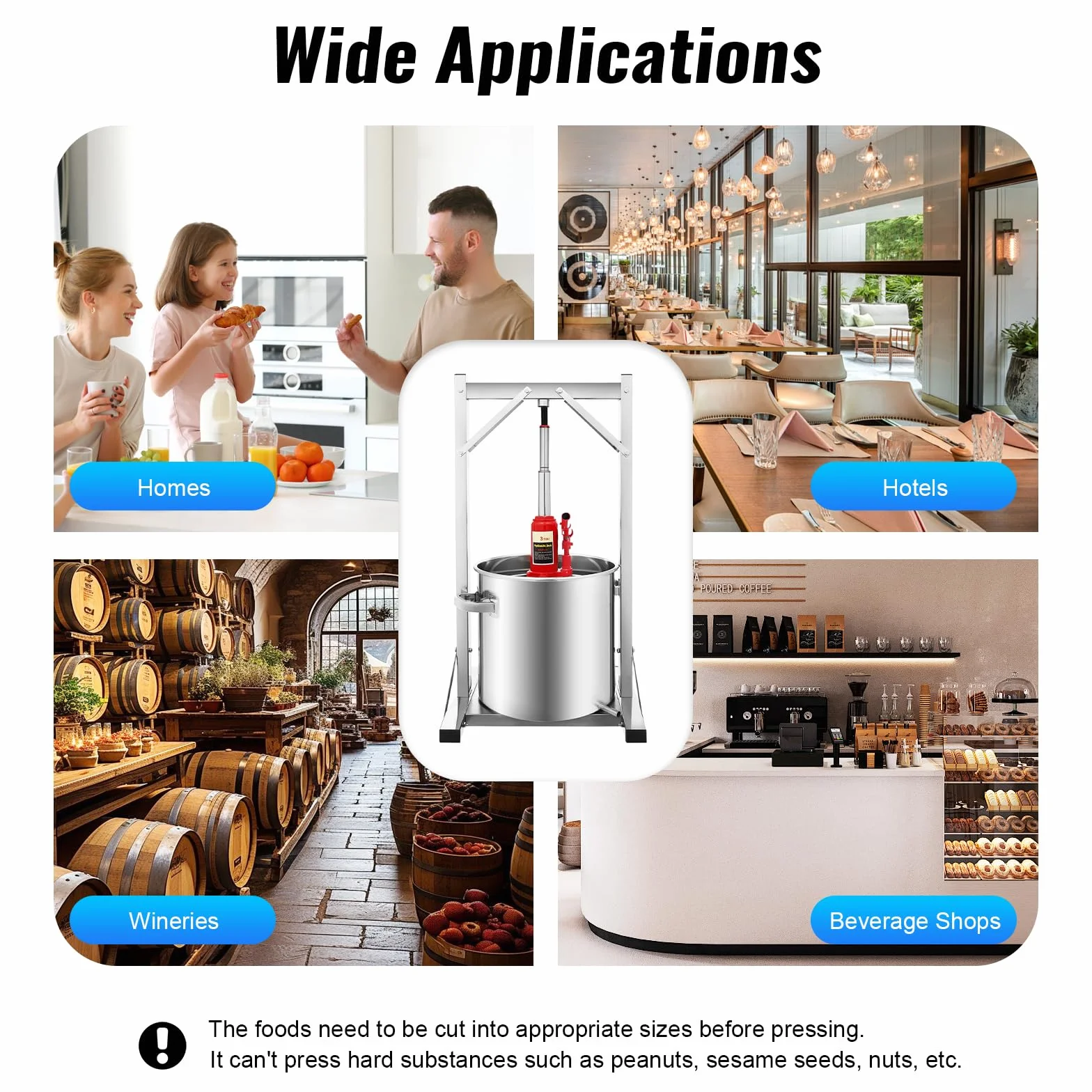 Prensa de frutas de 22 L, acero inoxidable 304 de calidad alimentaria, prensa de 150 kg de potencia de prensado, exprimidor manual de doble barriles de acero inoxidable con filtro de vino, apto para