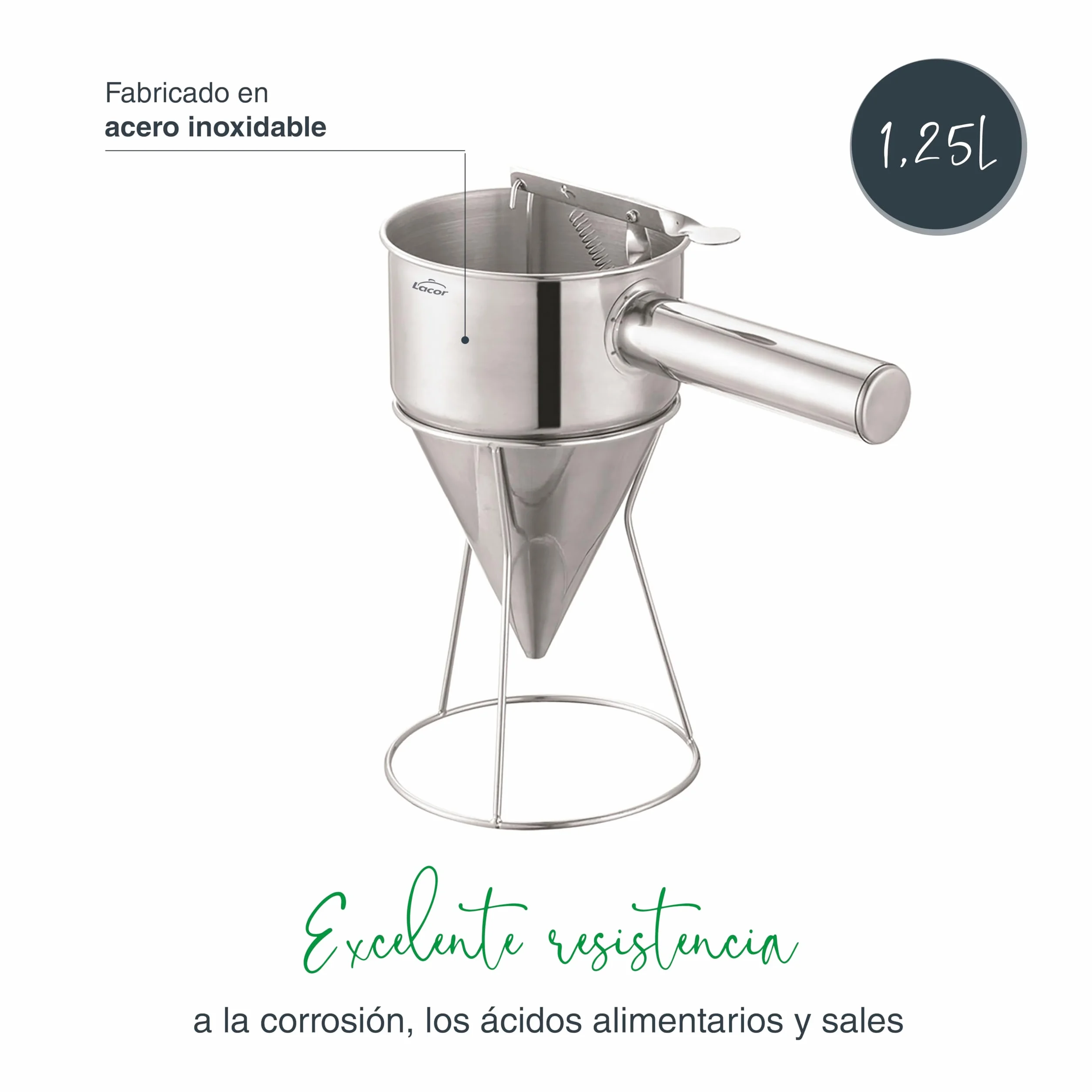 Lacor - 67151 - Embudo Dosificador, Ideal para Rellenar o Decorar, Acero inoxidable 18/10, Mango Ergonómico, Boquilla de Salida 8 mm, Capacidad 1.25 Litros, Apto para el Lavavajillas, Incluye Soporte