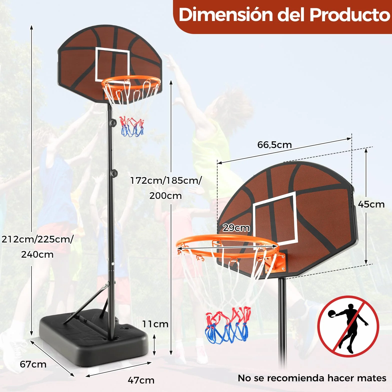 COSTWAY Canasta Baloncesto Exterior Altura Ajustable 3 Niveles 1,72 a 2m Móvil Ruedas Aro Niños Adultos