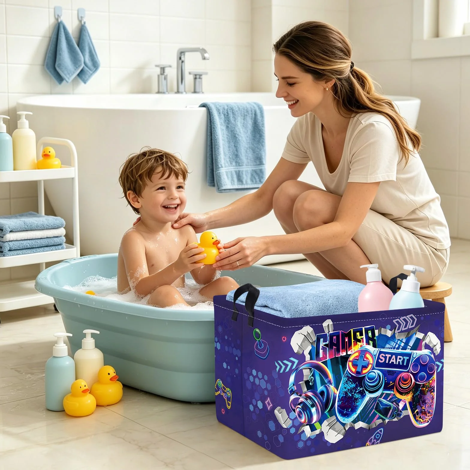 Clastyle Cestos Almacenaje Juego de Aventuras Cesta Ropa Sucia Plegable para Habitación Bebé Dormitorio Cajas de Almacenaje Juguetes para Chico Chica, Púrpura 3D, 40x30x30 cm