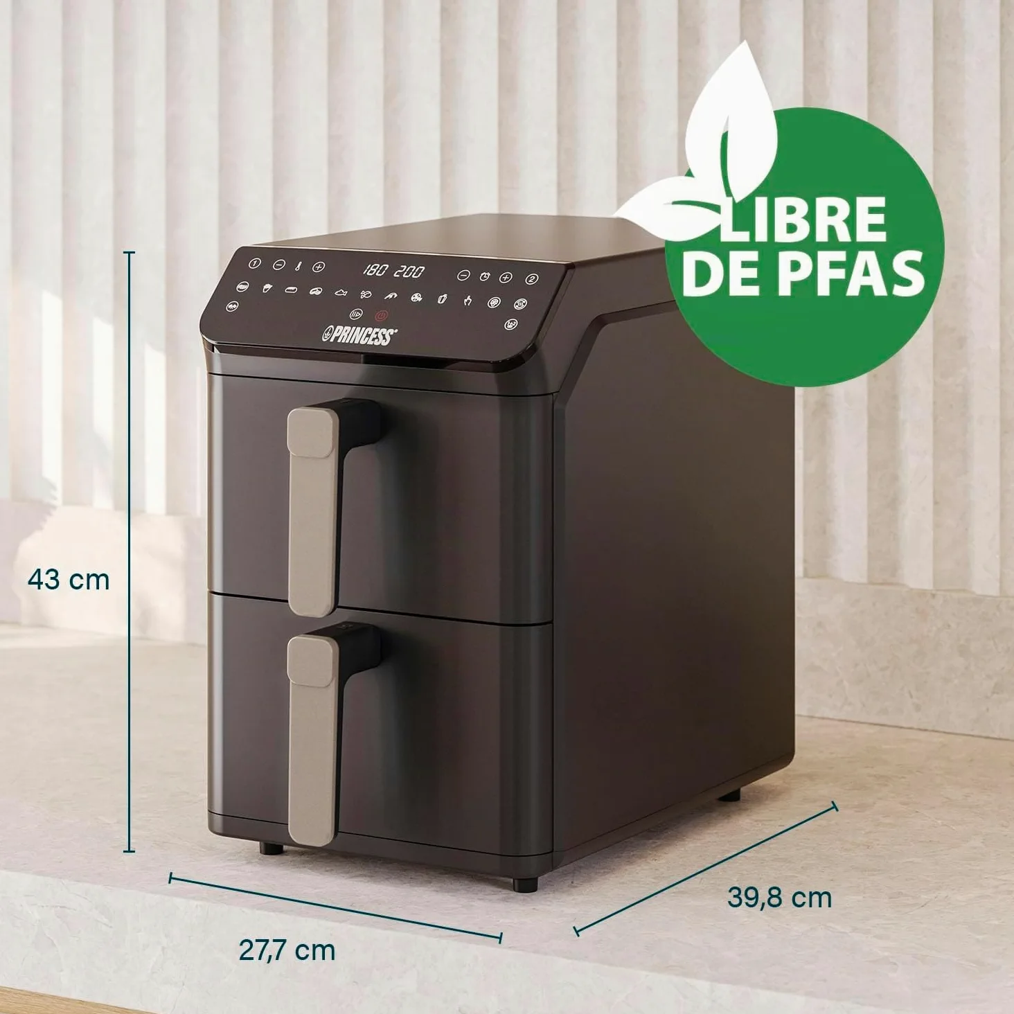 Princess Stack Freidora de Aire, Doble Freidora, 11,2 L, 3000 W, Diseño Vertical, Función Sincronizada, Revestimiento sin PFAS, Negro, 01.182278.01.001