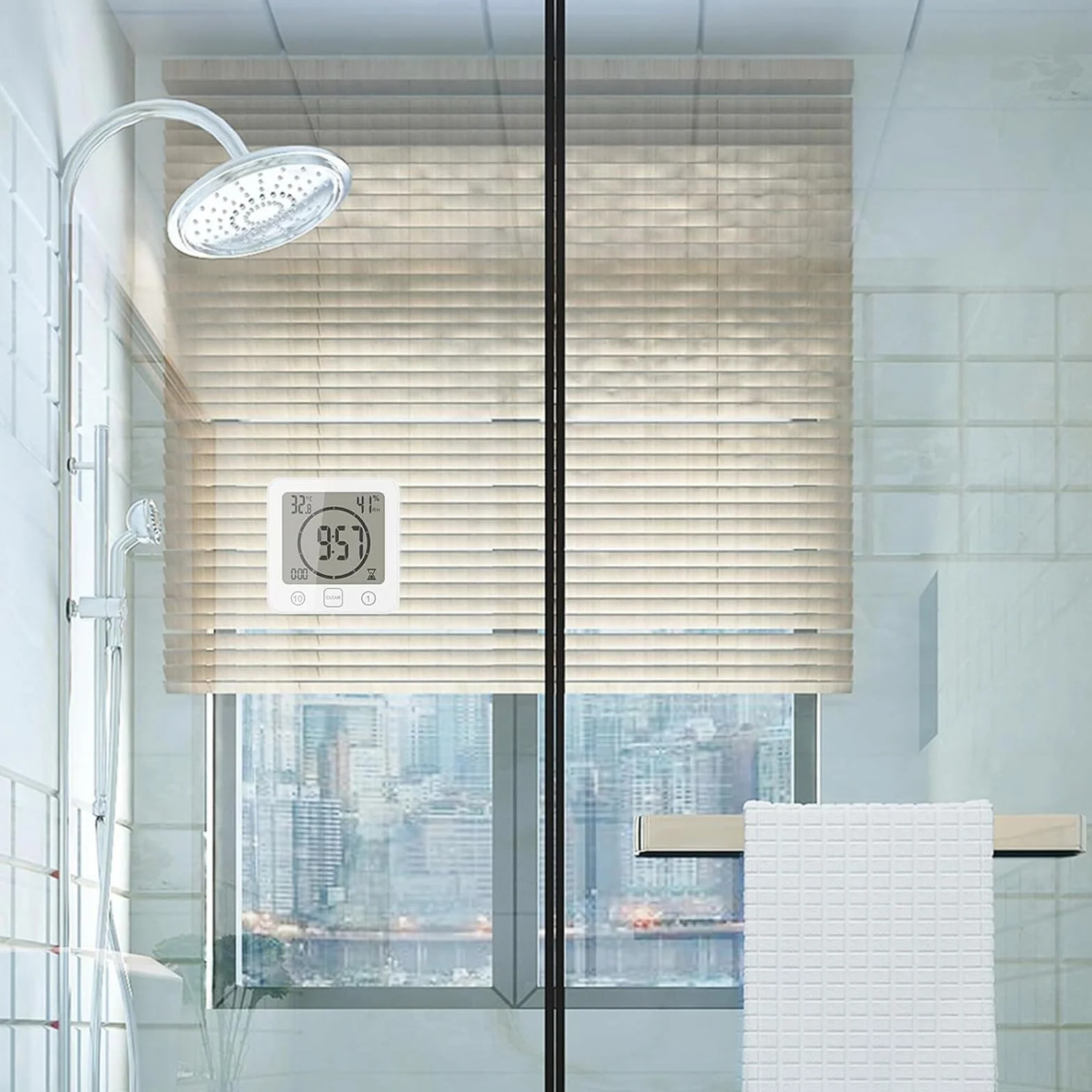 OurLeeme Reloj de Ducha a Prueba de Agua Diario, Cuarto de baño Ducha Temporizador Alarma Temperatura Humedad Pantalla Control táctil Reloj de Cuenta Regresiva (Blanco)