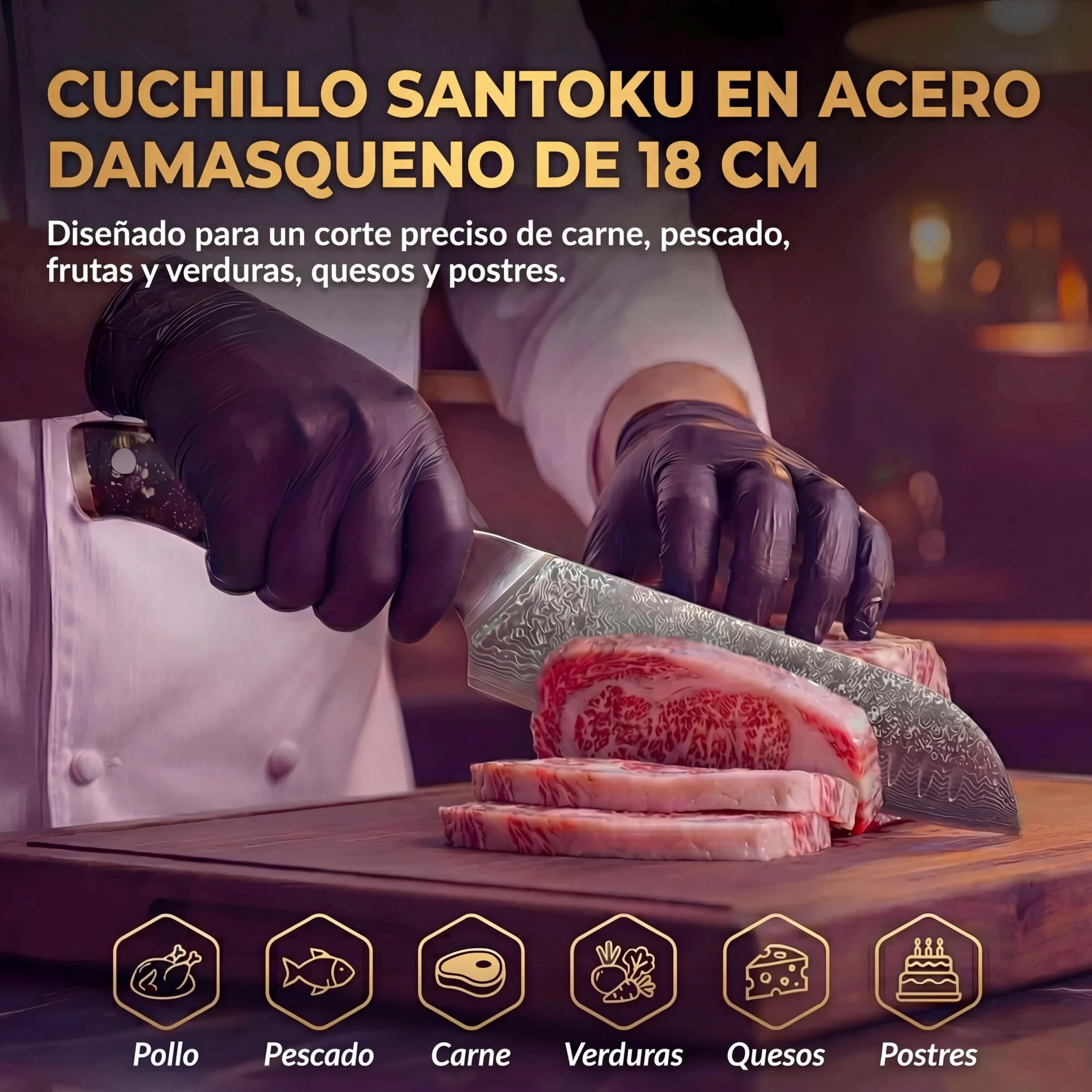 MIKORO Cuchillo Santoku Japonés de 18 cm - Acero de Damasco de 67 Capas con Alto Contenido de Carbono - Cuchillo de Cocina Profesional Ultra Afilado - Mango Ergonómico - Para Carne, Pescado y Verduras