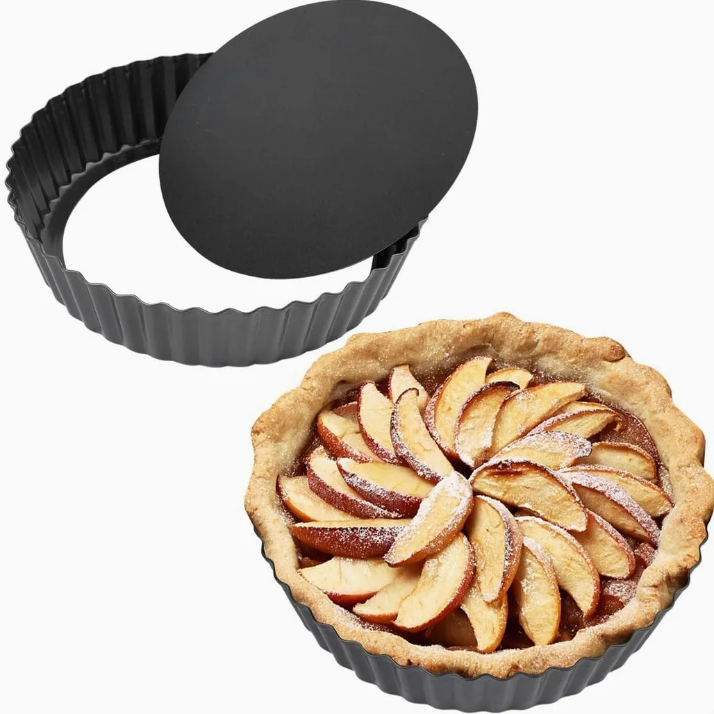 Moldes antiadherentes de 9 pulgadas con base extraíble, paquete de 2 moldes para quiche para tartas, platos estriados de acero al carbono