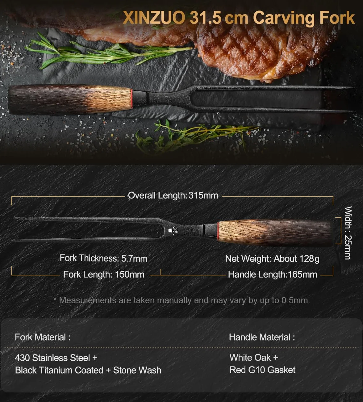 XINZUO 31,5cm Tenedor de Trinchar de Carne Acero Inoxidable 430 -Profesional Tenedor de Barbacoa Chef de Cocina -Mango Ergonómico de Roble Blanco -con Caja de Regalo
