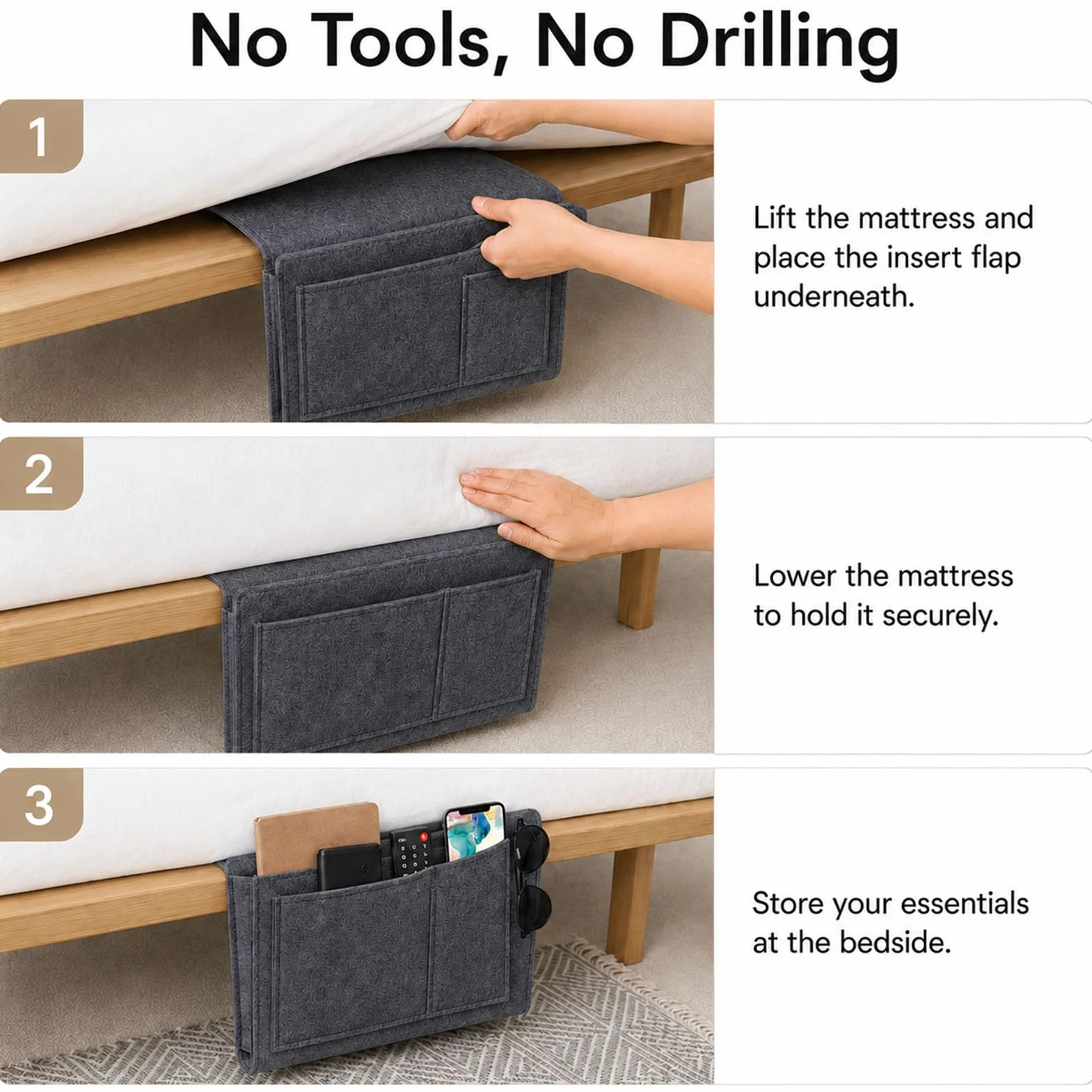 jiucare Organizador de cama de fieltro gris oscuro, bolsillo organizador lateral para cama con 5 compartimentos, porta mandos, móvil, gafas, cables, libros, tablet y accesorios para el dormitorio