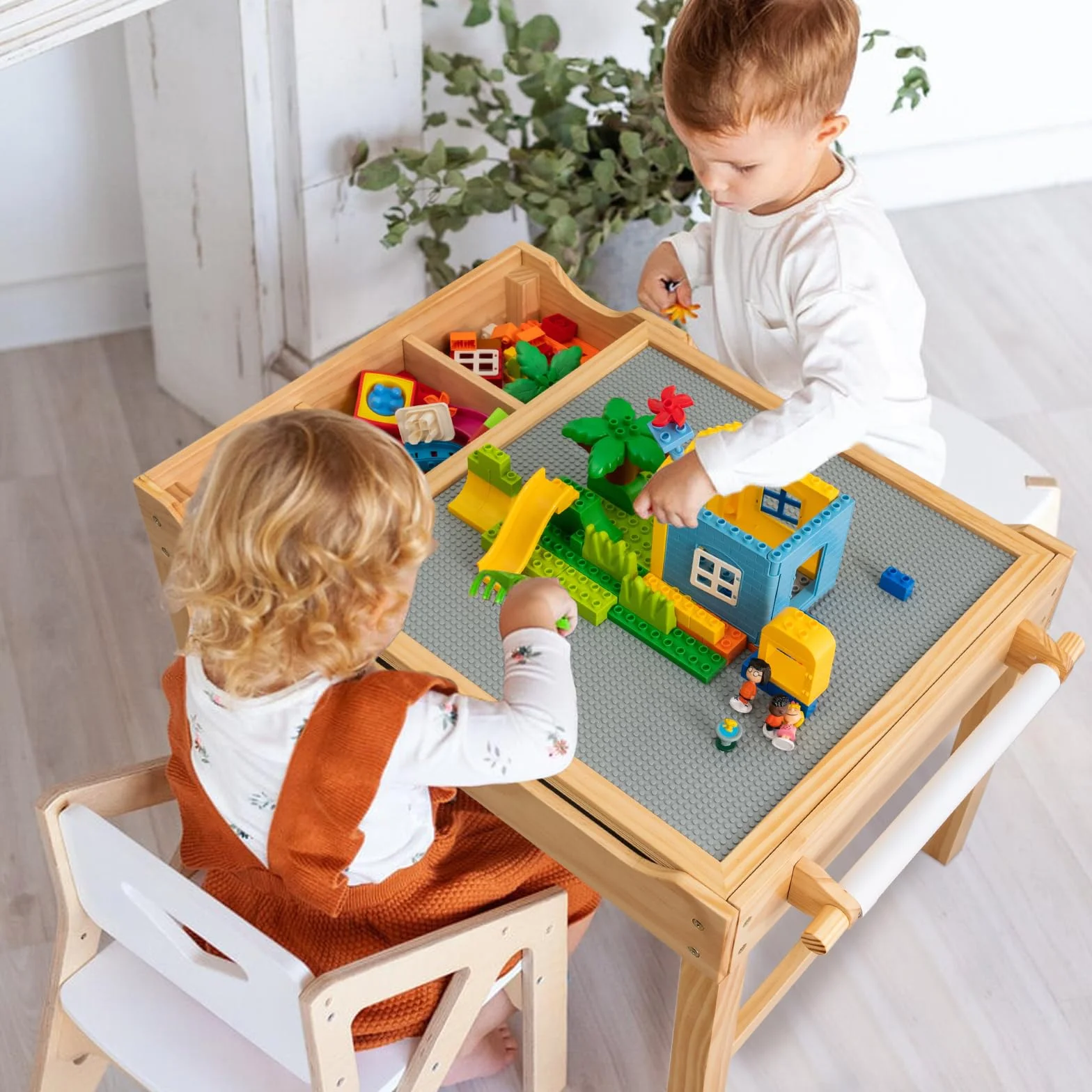 GOPLUS Mesa de Actividades 2 en 1 con Tablero Reversible, Mesa de Construcción para Niños de 3+ Años con Espacio de Almacenaje Clasificado, Mesa de Juego de Madera con Barra Lateral, 86,5X60X57CM