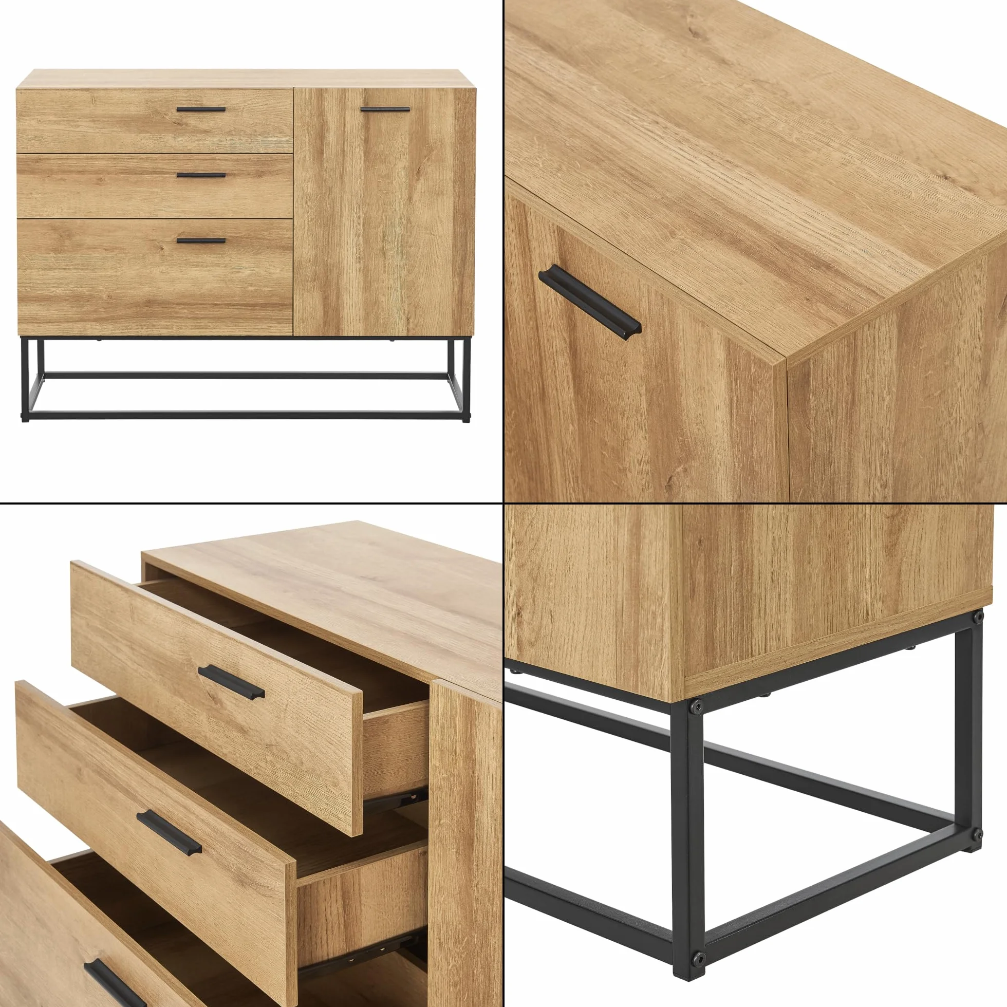 [en.casa] Aparador Lavangen Mueble de Salón con 3 Cajones y 1 Estante Regulable en Altura Estructura de Metal 75 x 100 x 35 cm - Efecto Roble y Negro