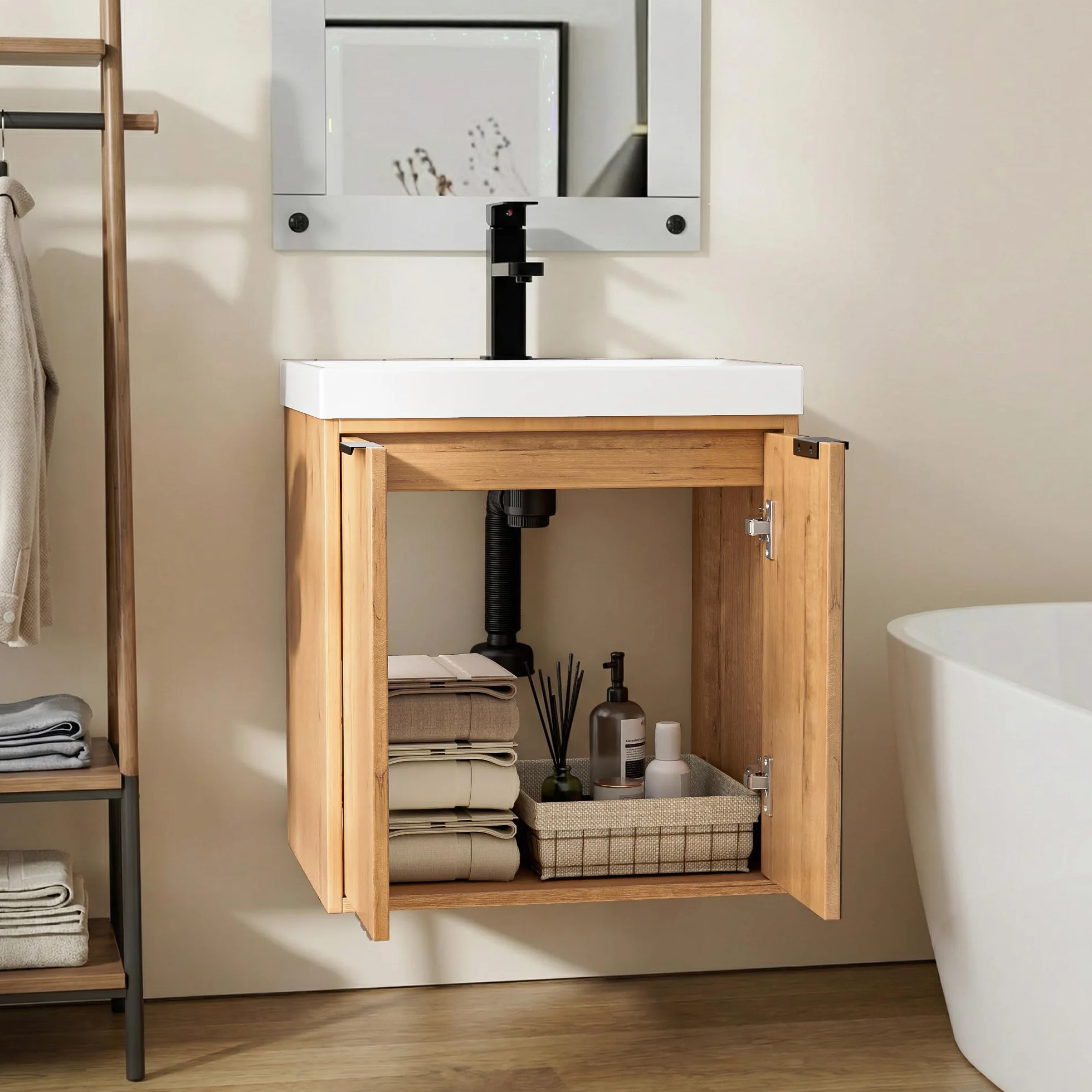 UEV Mueble de Baño con 2 Puertas y Lavabo de Resina, Mueble de Baño Suspendido con Diseño único y Práctico, Conjunto de Muebles con Motivo en Relieve, 49 x 37,5 x 50, Natural