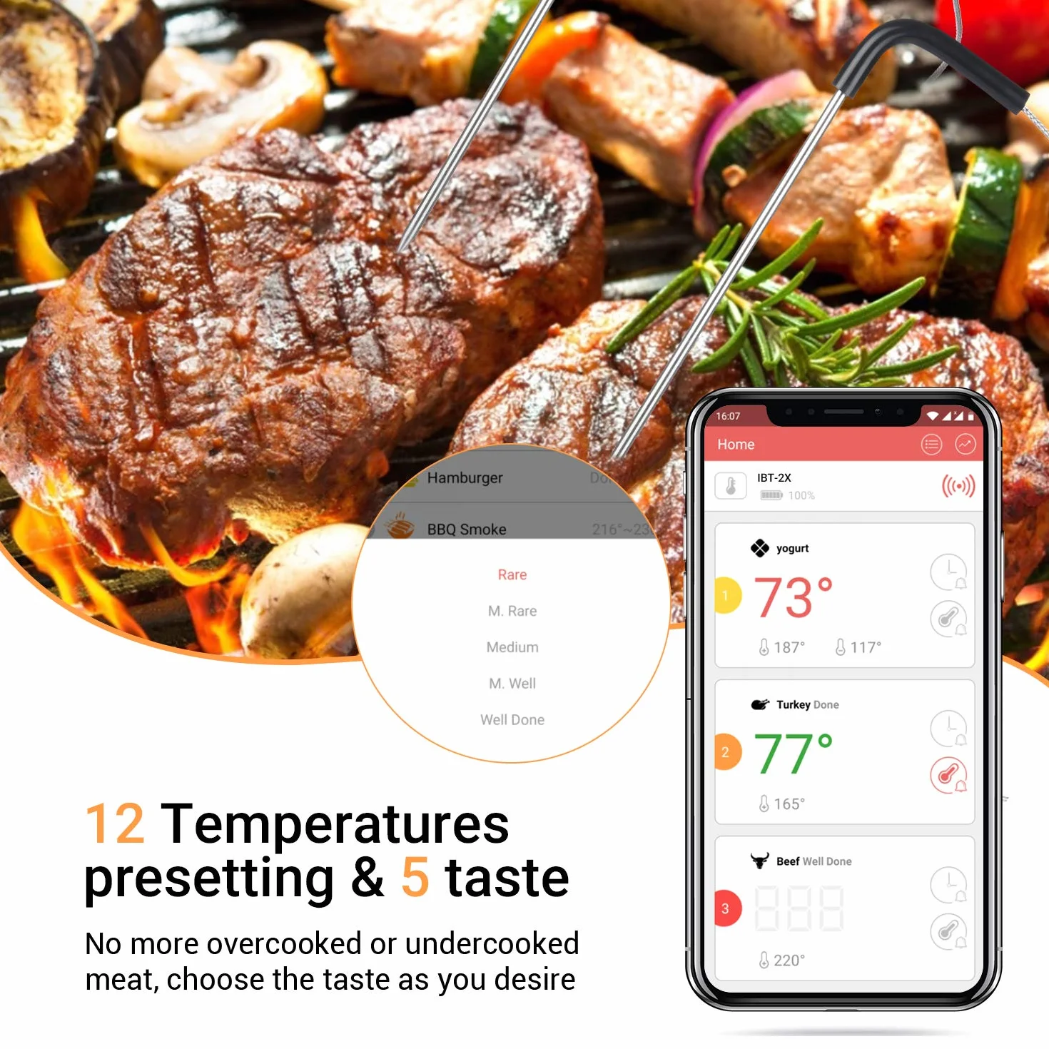 Inkbird IBT-2X Bluetooth Termometro cocina para Barbacoa,Termometros para carne, Sondas de Acero Inoxidable, Portátil, Temporizador, Pantalla LED, Función de Alarma, Apto para Asar Carne,Líquidos