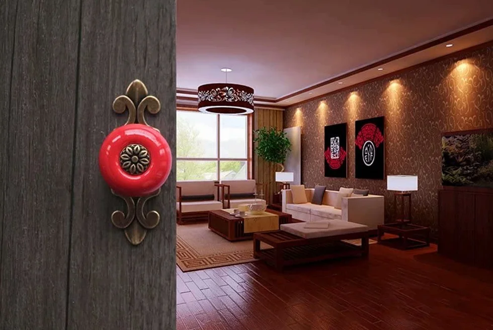 Pomos de cerámica amarillos con placa de bronce, estilo retro para muebles