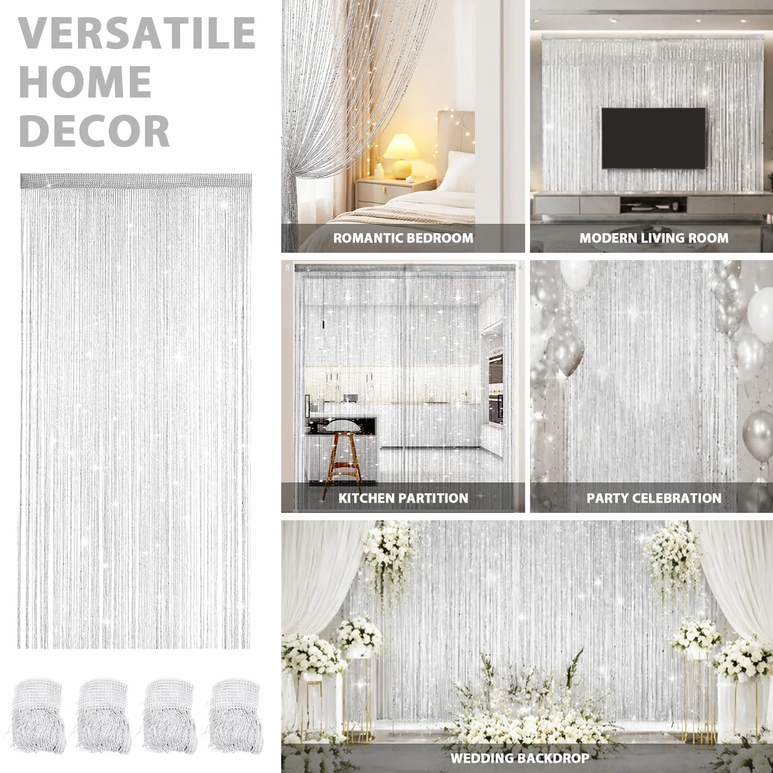 Juego de 4 cortinas de hilos con purpurina, 100 x 200 cm, para puertas y separadores de habitaciones, para bodas, cafetería y balcón, protección contra insectos y decoración en uno (blanco)