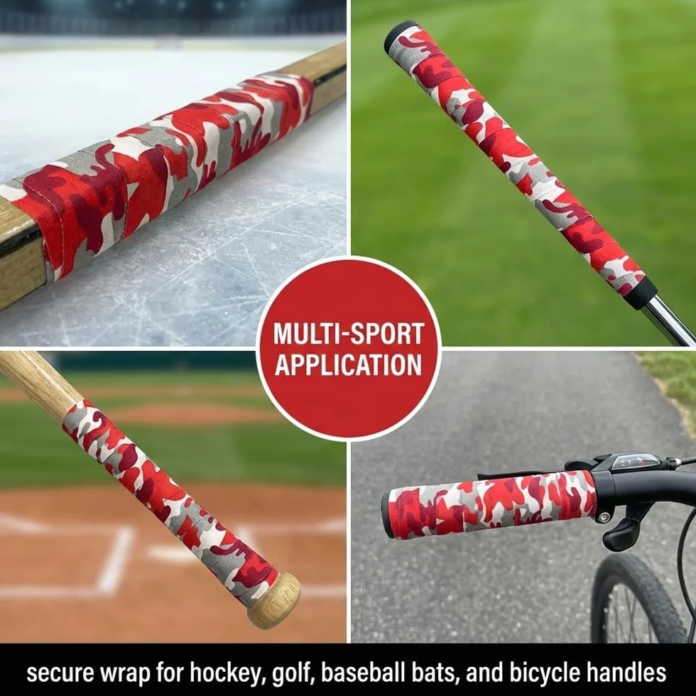 Cinta de Hockey 25m x 2,5cm Camuflaje Rojo - Tela de Algodón Resistente al Frío y Agarre Antideslizante