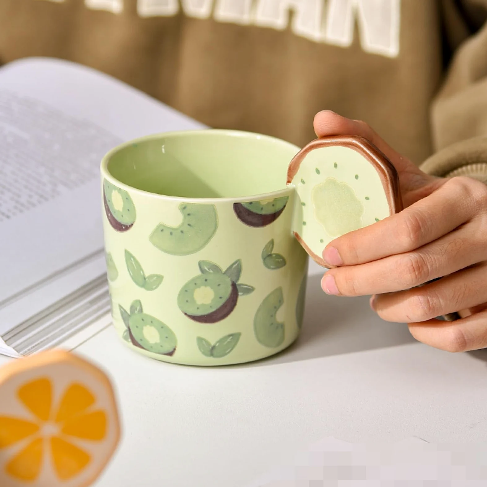 Taza de cerámica creativa de frutas de 500 ml, diseño de flores, color naranja, 500 ml