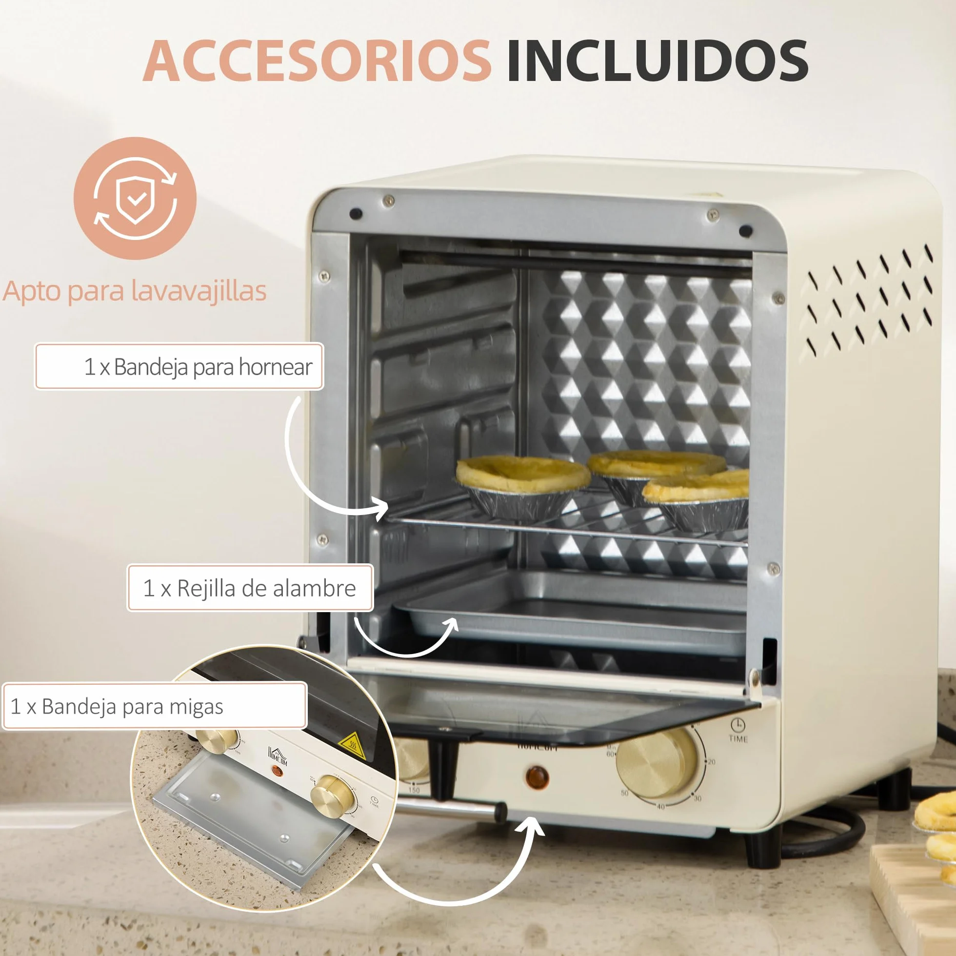 HOMCOM Horno Eléctrico Sobremesa 15 Litros 1000W Horno Portátil Mini Horno con Temperatura hasta 230 ℃ Temporizador Bandeja y Rejilla 25,5x27,5x32 cm Crema