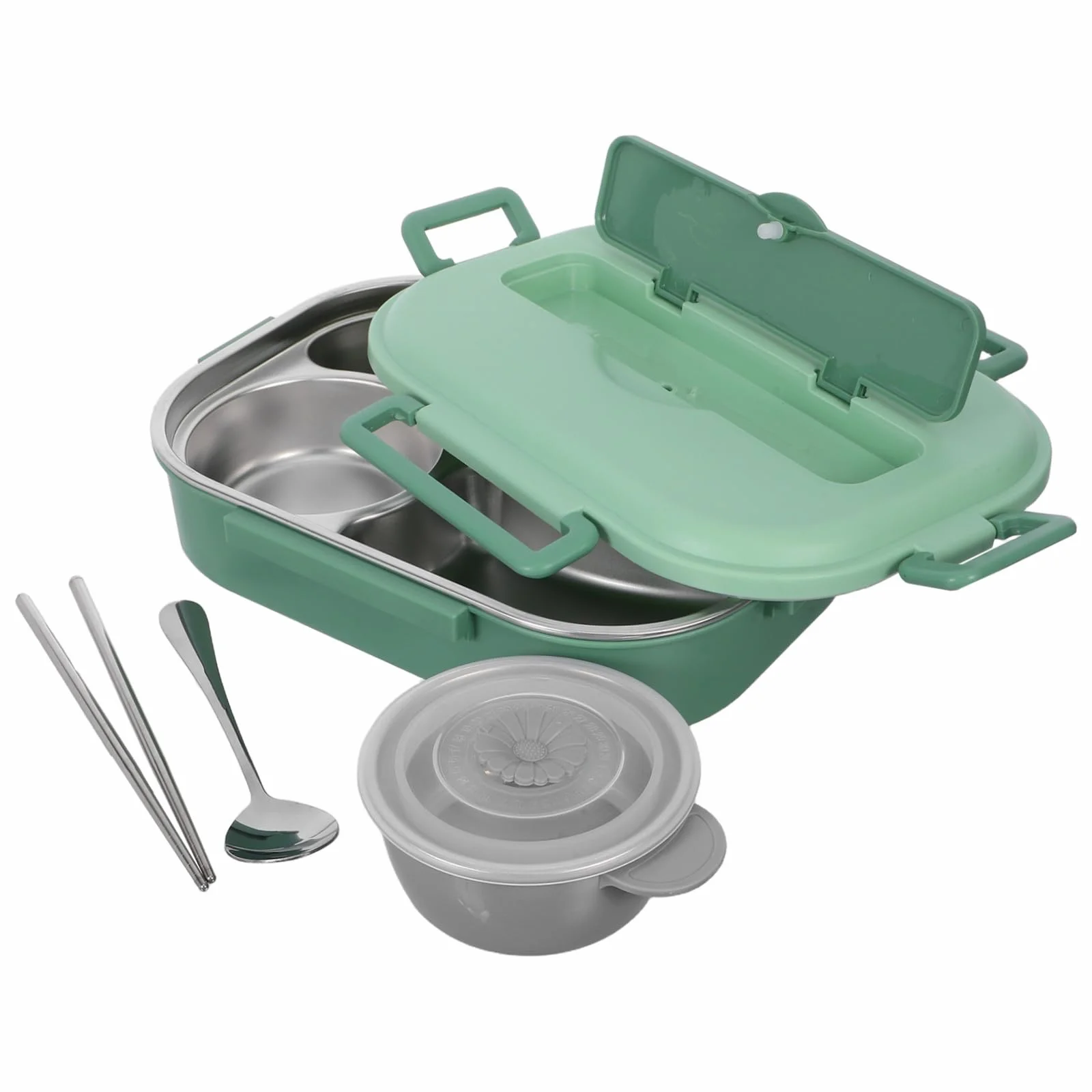 Fiambrera Bento para Adultos de Acero Inoxidable 1500ml, 4 Compartimentos | Verde, Hermética y Dividida, Incluye Tazón para Sopa, Vajilla, Palillos y Cuchara, Decoracion Colegio